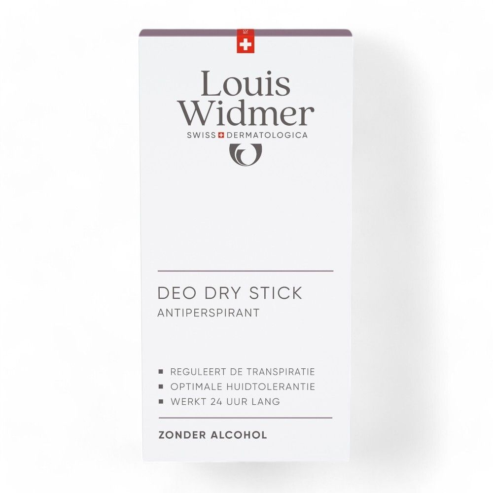 Verpakking van de Deo Dry Stick van Louis Widmer. Opschrift: DEO DRY STICK ANTIPERSPIRANT, REGULEERT DE TRANSPIRATIE, ZONDER ALCOHOL.