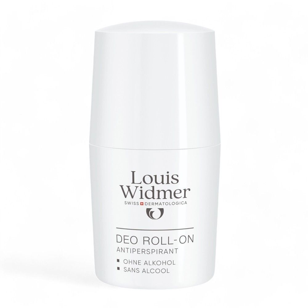 Roll-on anti-transpirant blanc Louis Widmer. Le nom du produit et le logo sont visibles.