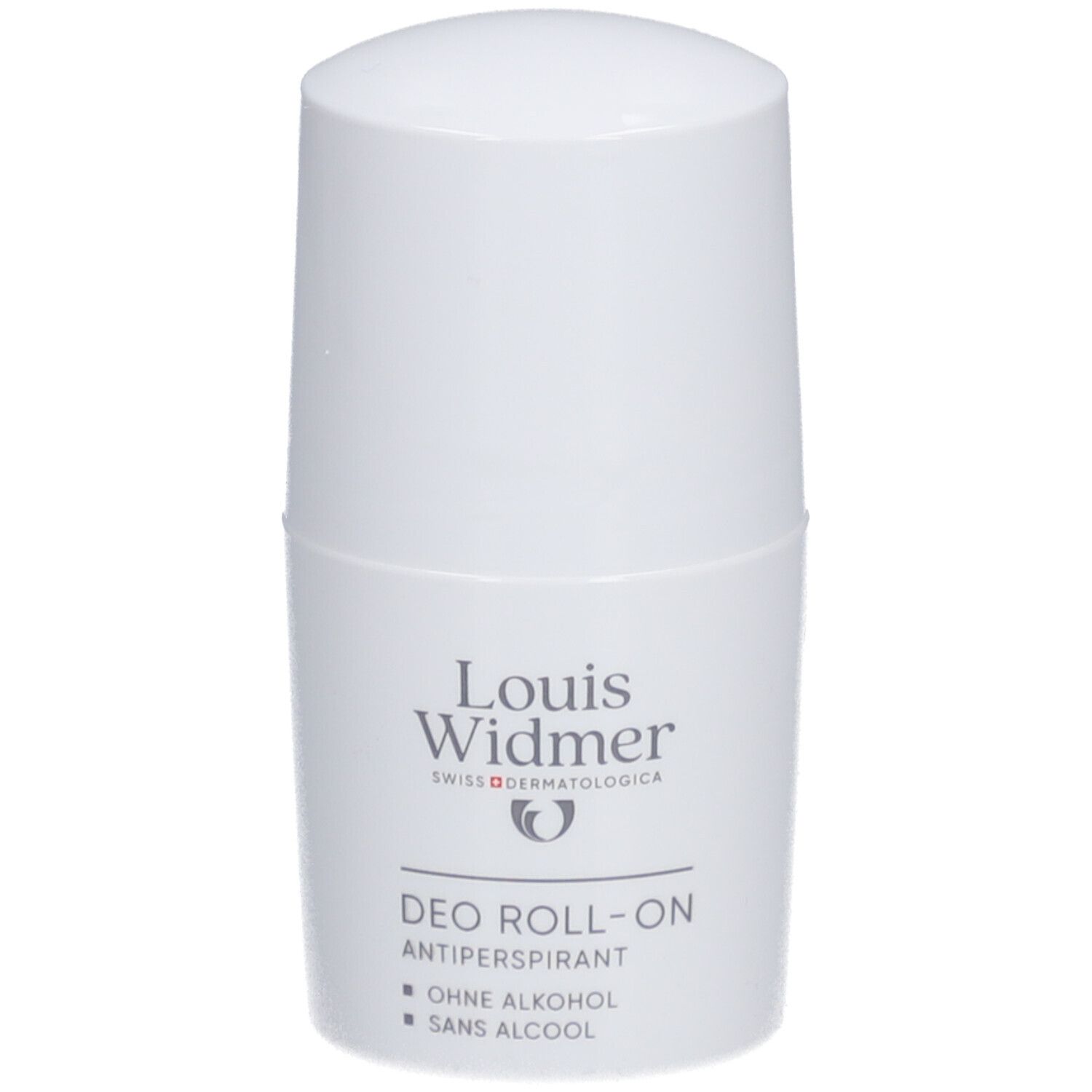Roll-on anti-transpirant blanc Louis Widmer. Le nom du produit et le logo sont visibles.