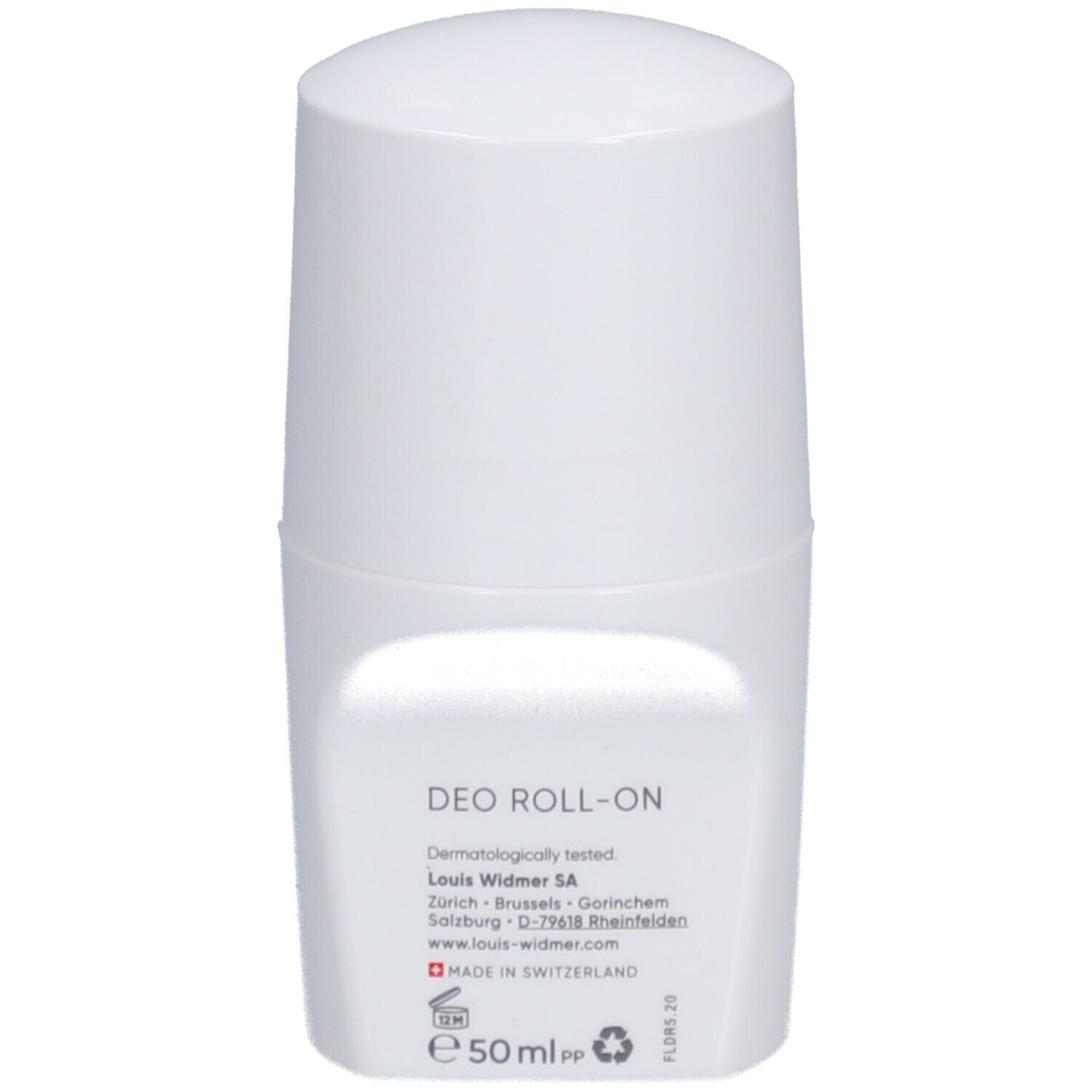 Roll-on anti-transpirant blanc Louis Widmer. Informations sur le produit et logo visibles.