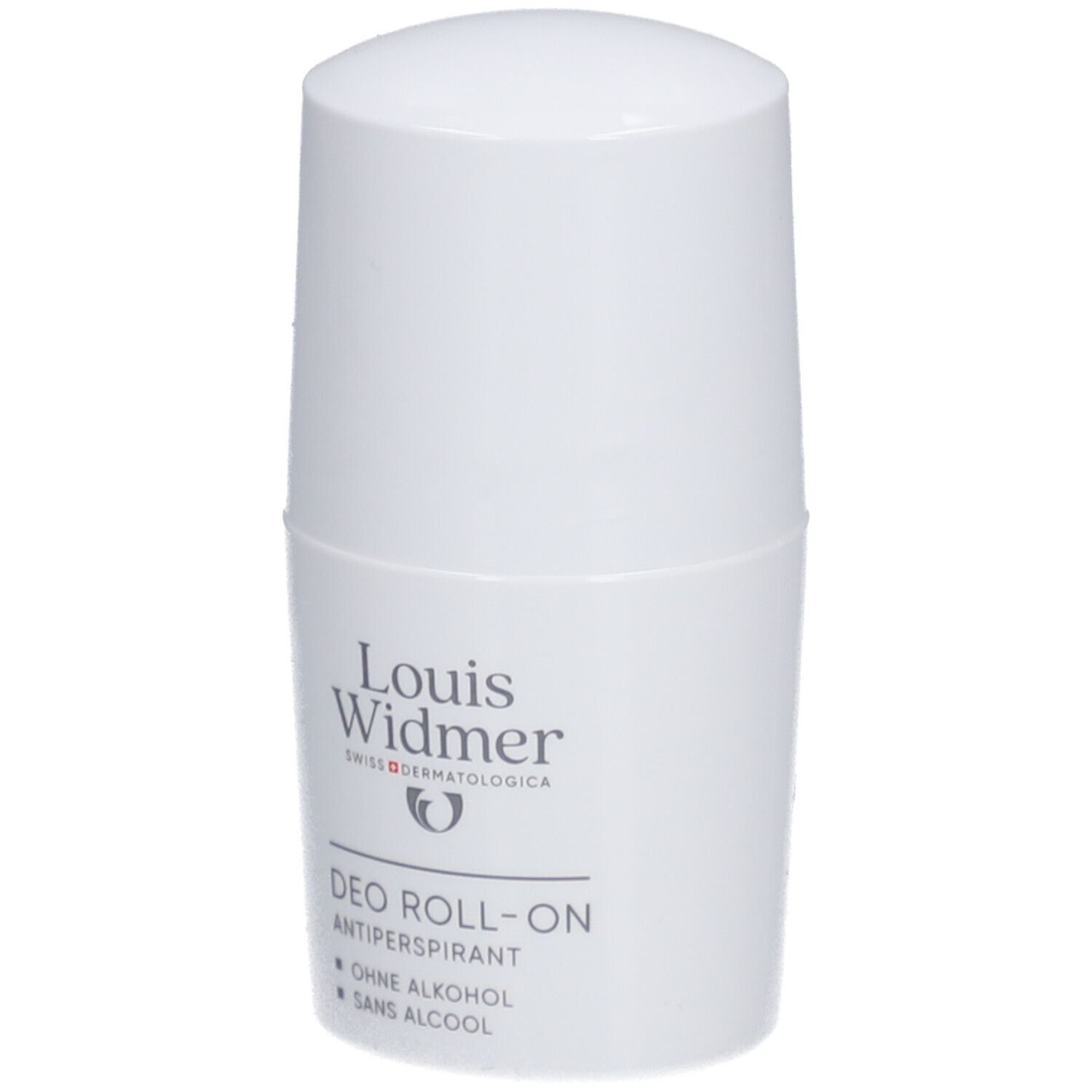 Roll-on anti-transpirant blanc Louis Widmer. Le nom du produit et le logo sont visibles.