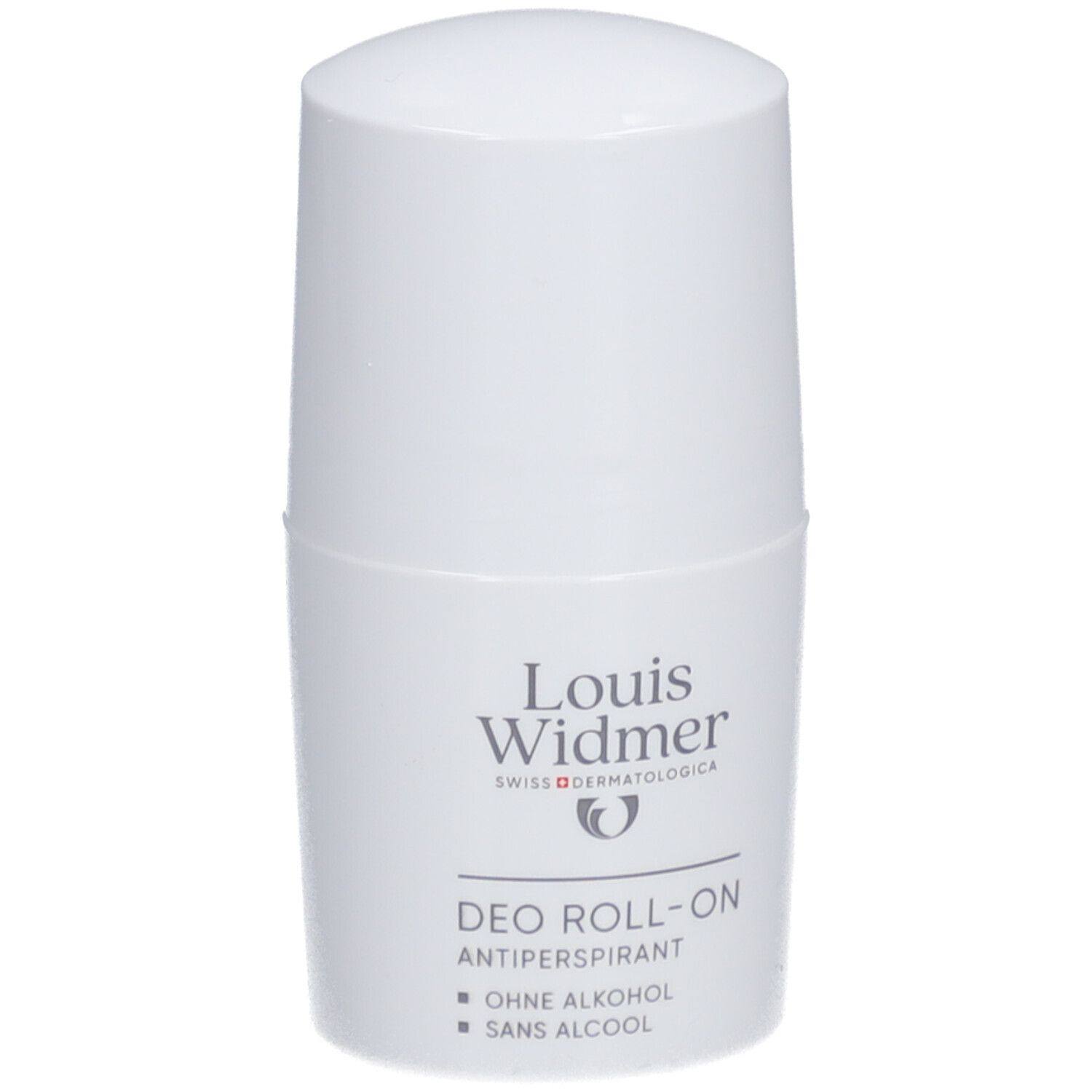Roll-on anti-transpirant blanc Louis Widmer. Le nom du produit et le logo sont visibles.