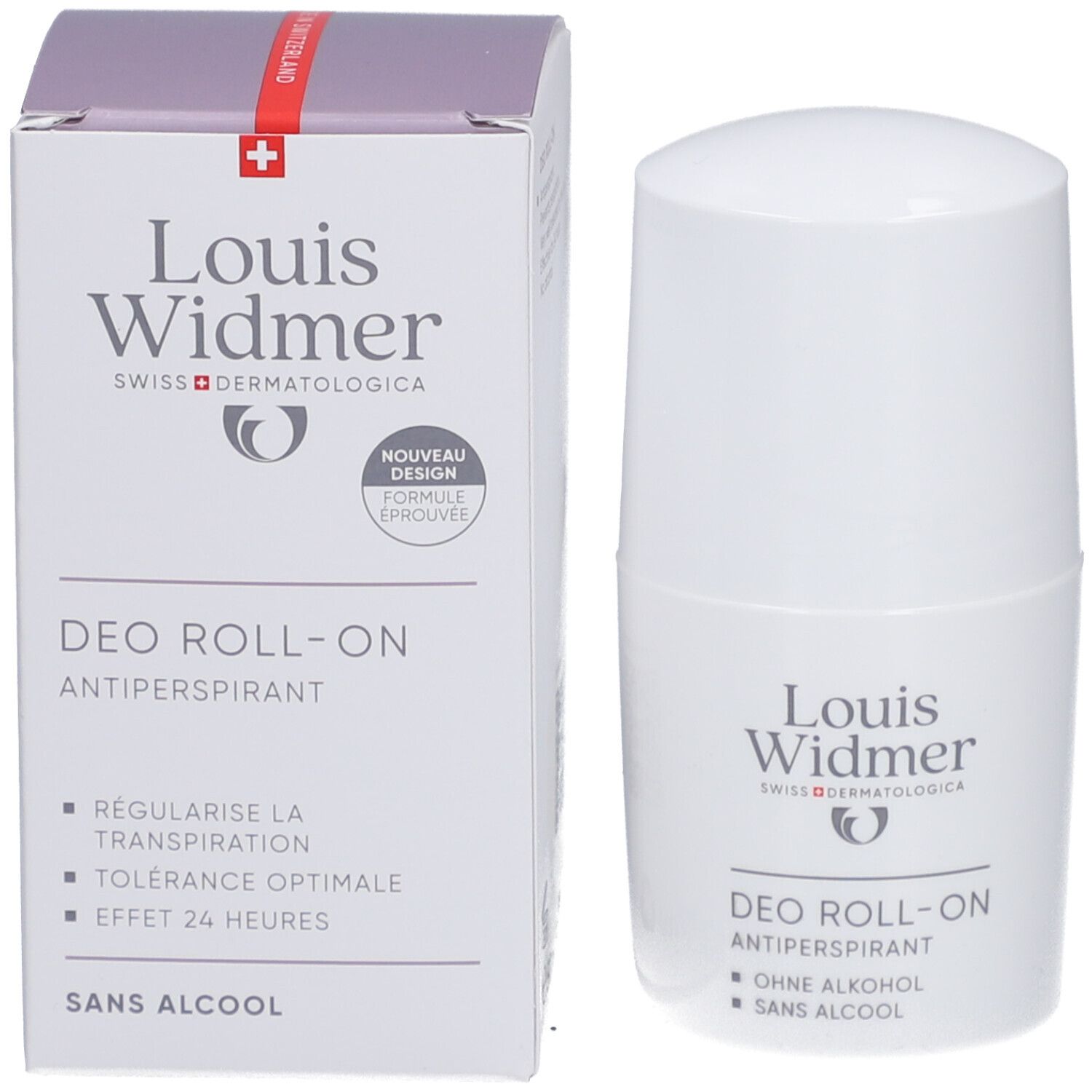 Louis Widmer Deo Roll-On et emballage. Emballage avec logo et informations sur le produit.