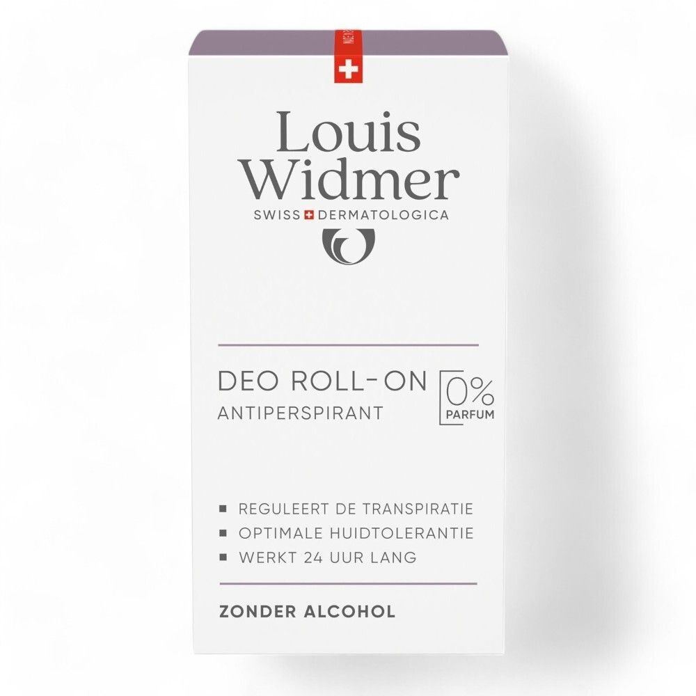 Verpakking van Louis Widmer Deo Roll-On Antitranspirant. Opschrift: ZONDER ALCOHOL.