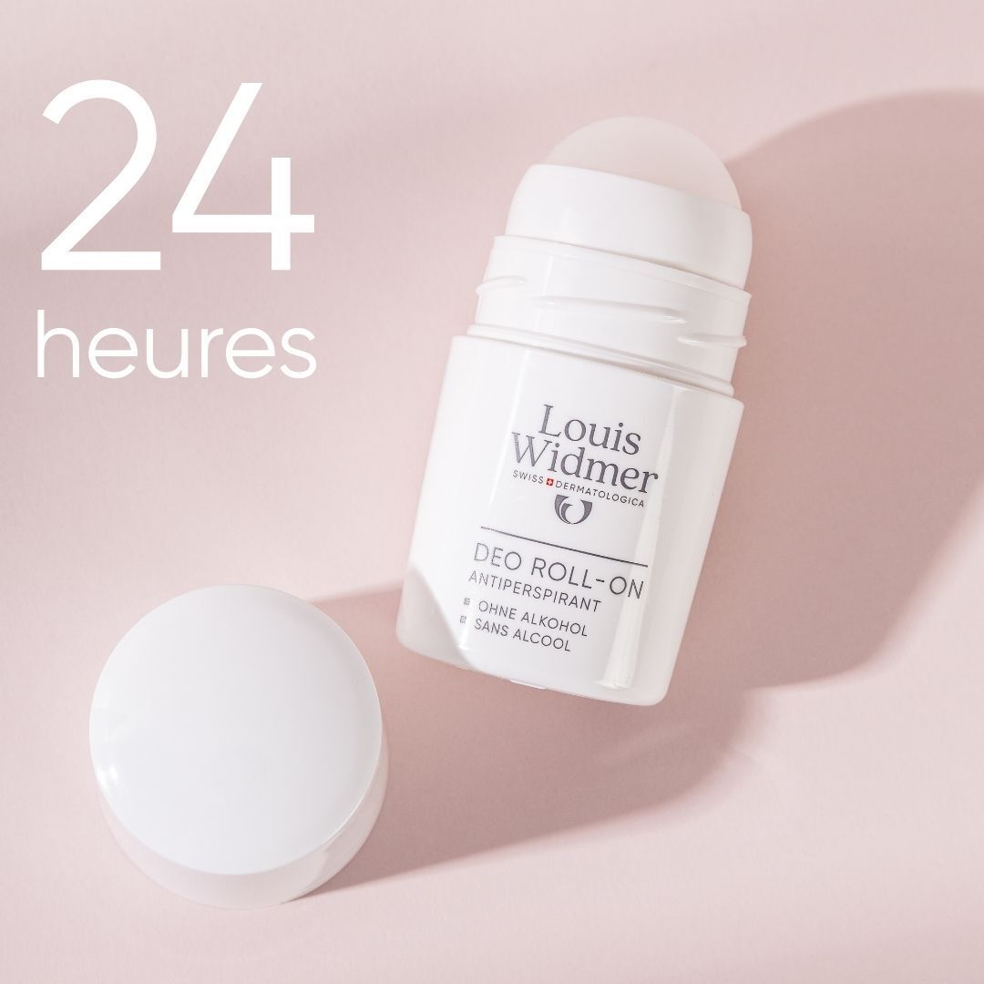 Louis Widmer Deo Roll-On Antitranspirant, weißer Behälter mit Applikator. "24 heures" und "OHNE ALKOHOL" sind sichtbar.