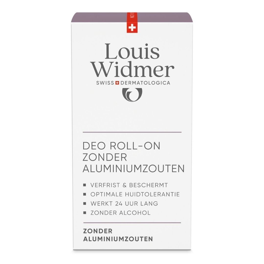 Emballage du déodorant roll-on Louis Widmer. Sans sels d'aluminium. Swiss Dermatologica.