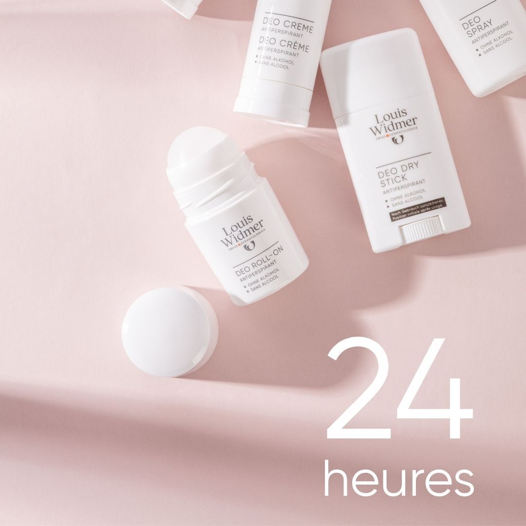 Divers produits Louis Widmer. Roll-on, stick, crème. Inscription: 24 heures.