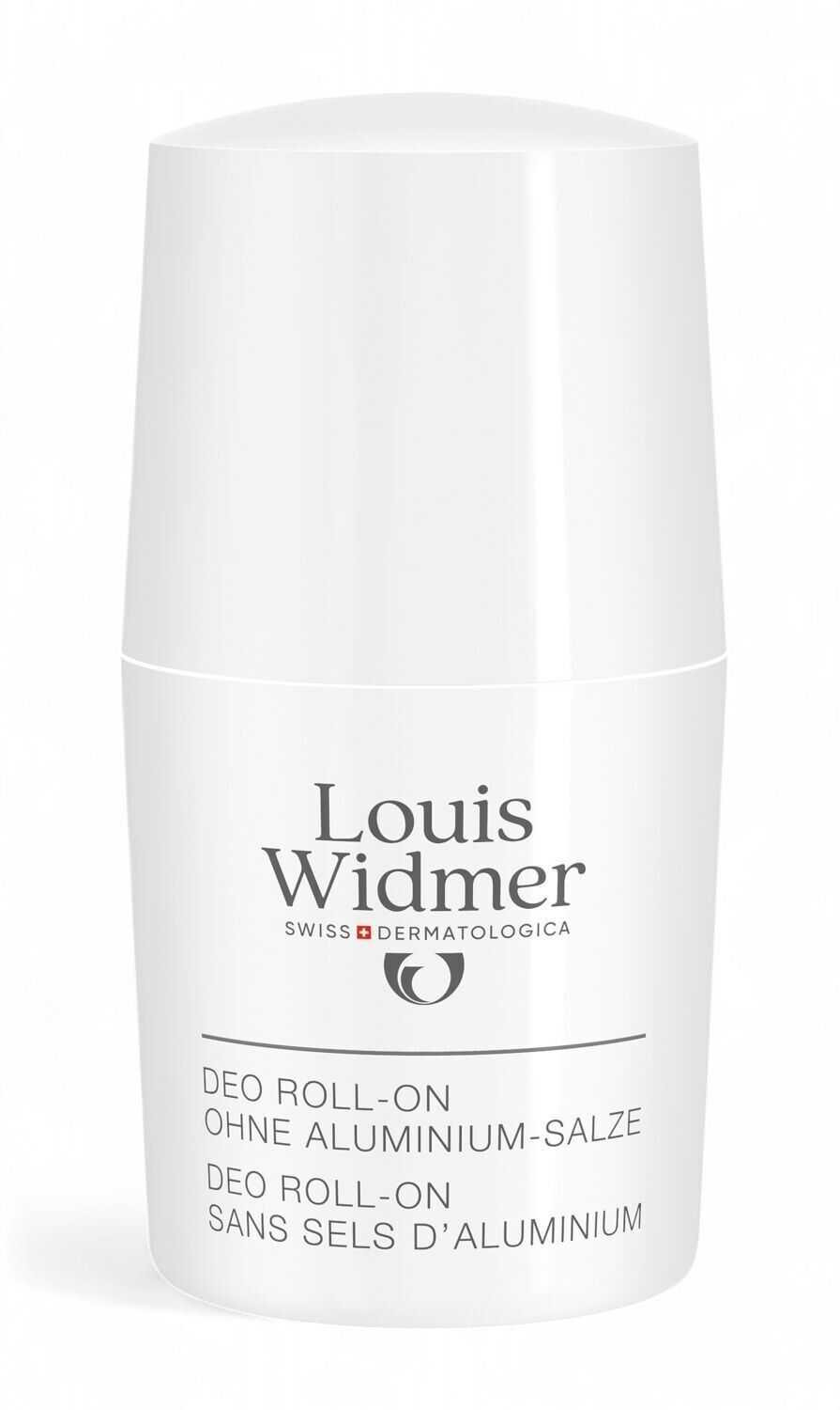 Déodorant roll-on blanc Louis Widmer. Texte: Sans sels d'aluminium, Swiss Dermatologica.