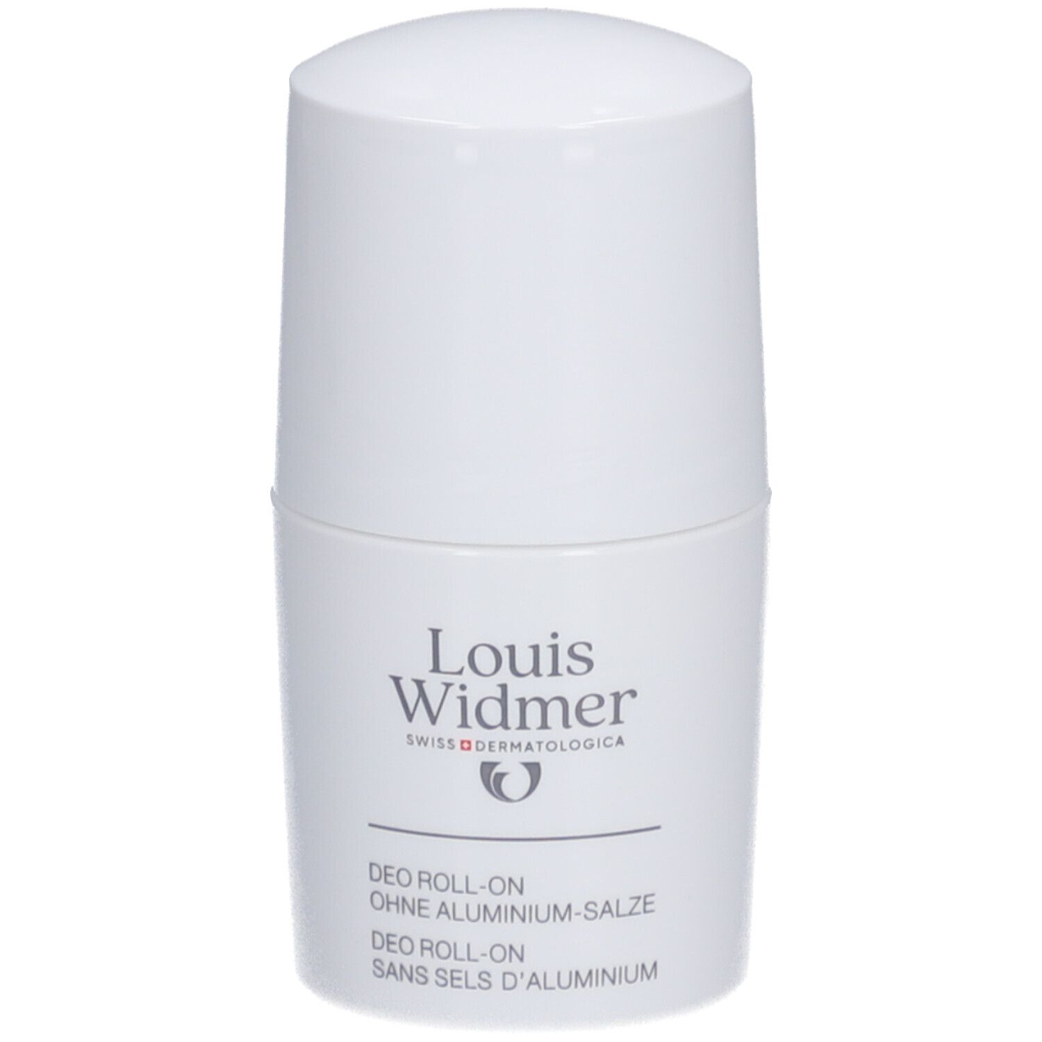 Déodorant roll-on blanc Louis Widmer. Texte: Sans sels d'aluminium, Swiss Dermatologica.