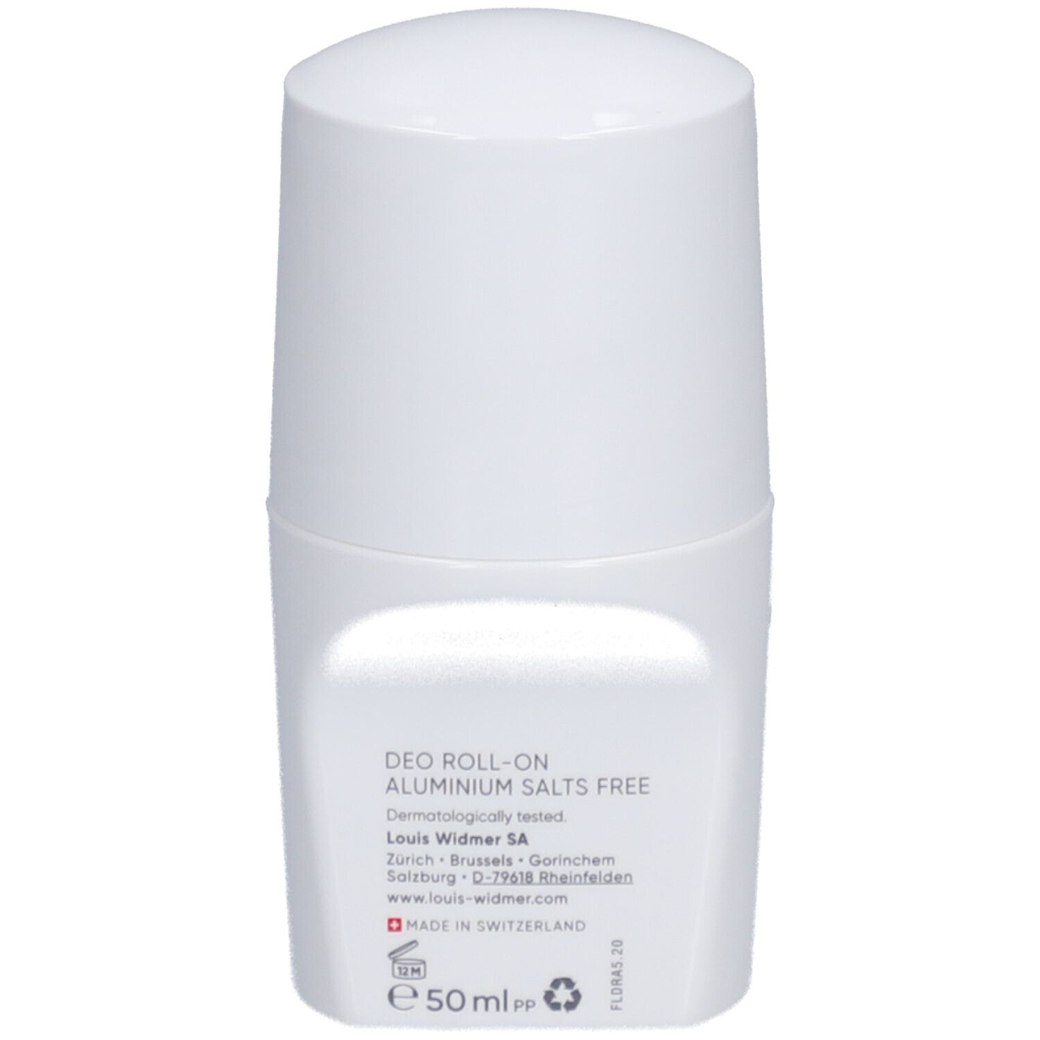 Déodorant roll-on blanc Louis Widmer. Texte: Sans sels d'aluminium, Testé dermatologiquement.