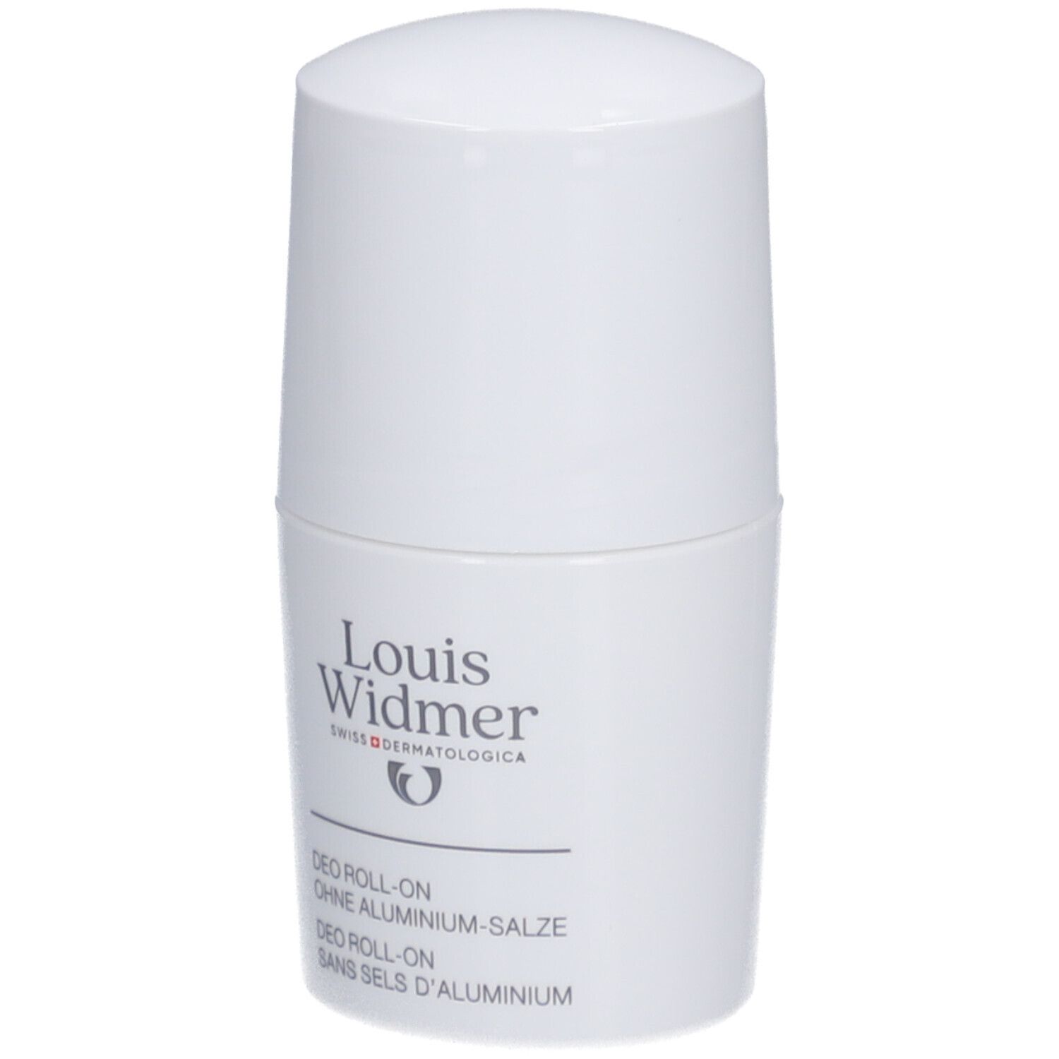 Déodorant roll-on blanc Louis Widmer. Texte: Sans sels d'aluminium, Swiss Dermatologica.