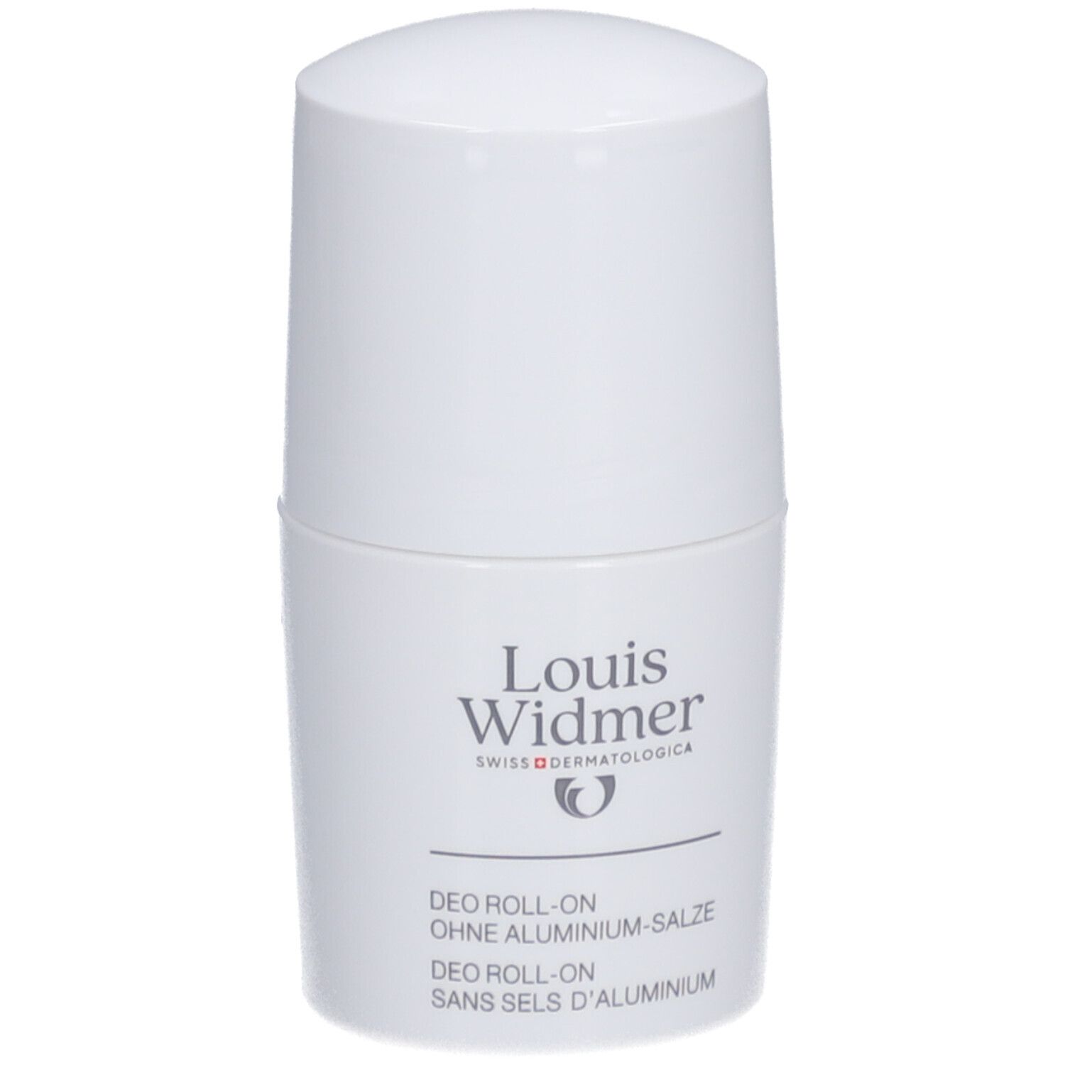 Déodorant roll-on blanc Louis Widmer. Texte: Sans sels d'aluminium, Swiss Dermatologica.