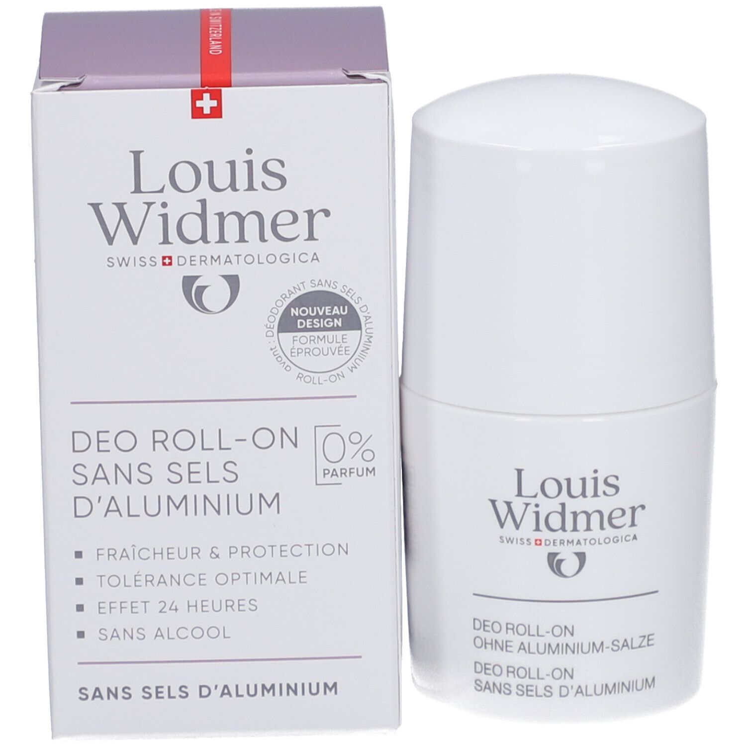 Louis Widmer Déodorant Roll-On et emballage. Texte: Sans sels d'aluminium, 0% Parfum.