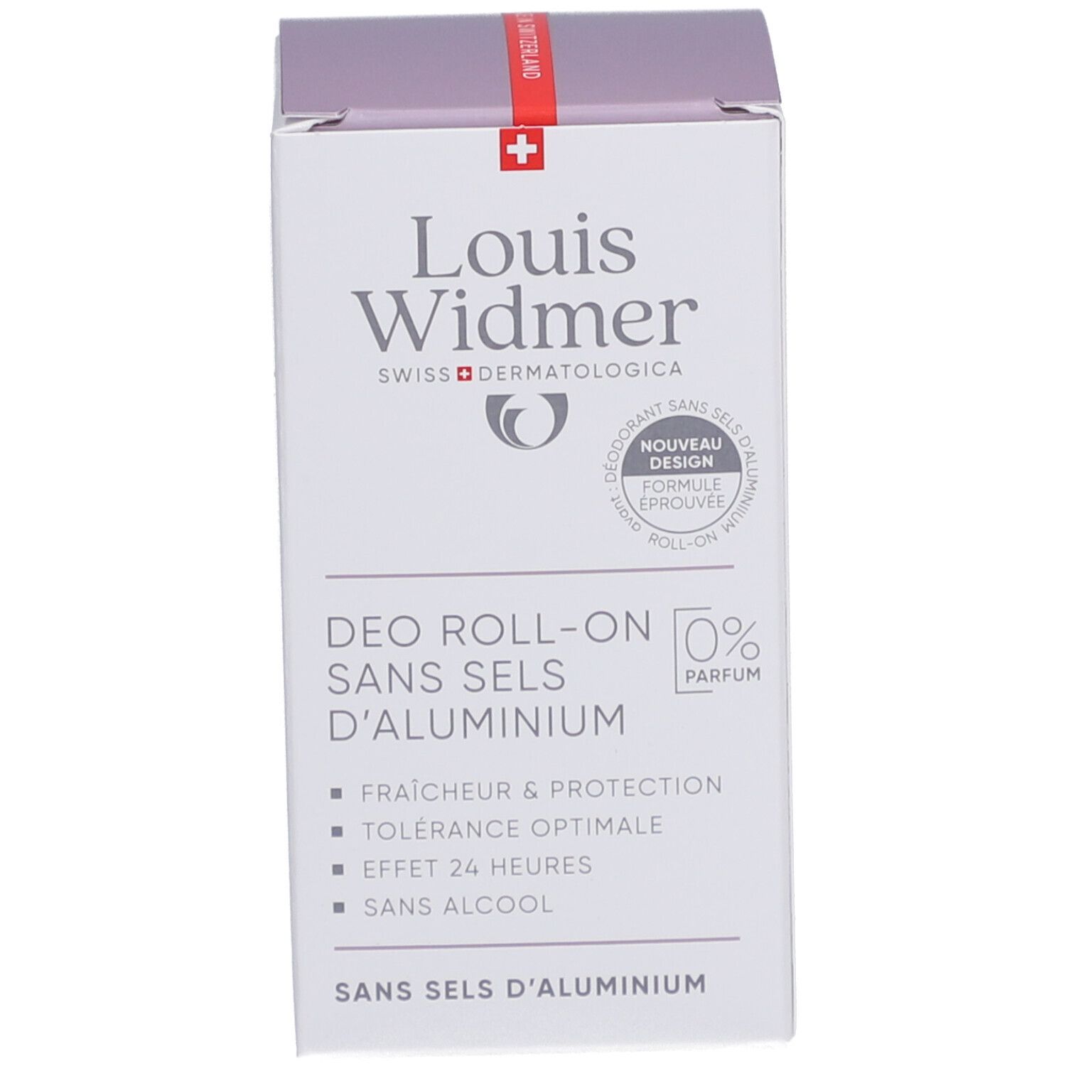 Emballage du déodorant roll-on Louis Widmer. Texte: Sans sels d'aluminium, 0% Parfum.