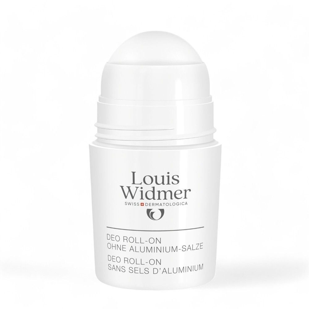 Déodorant roll-on blanc Louis Widmer. Texte: Sans sels d'aluminium, Swiss Dermatologica.