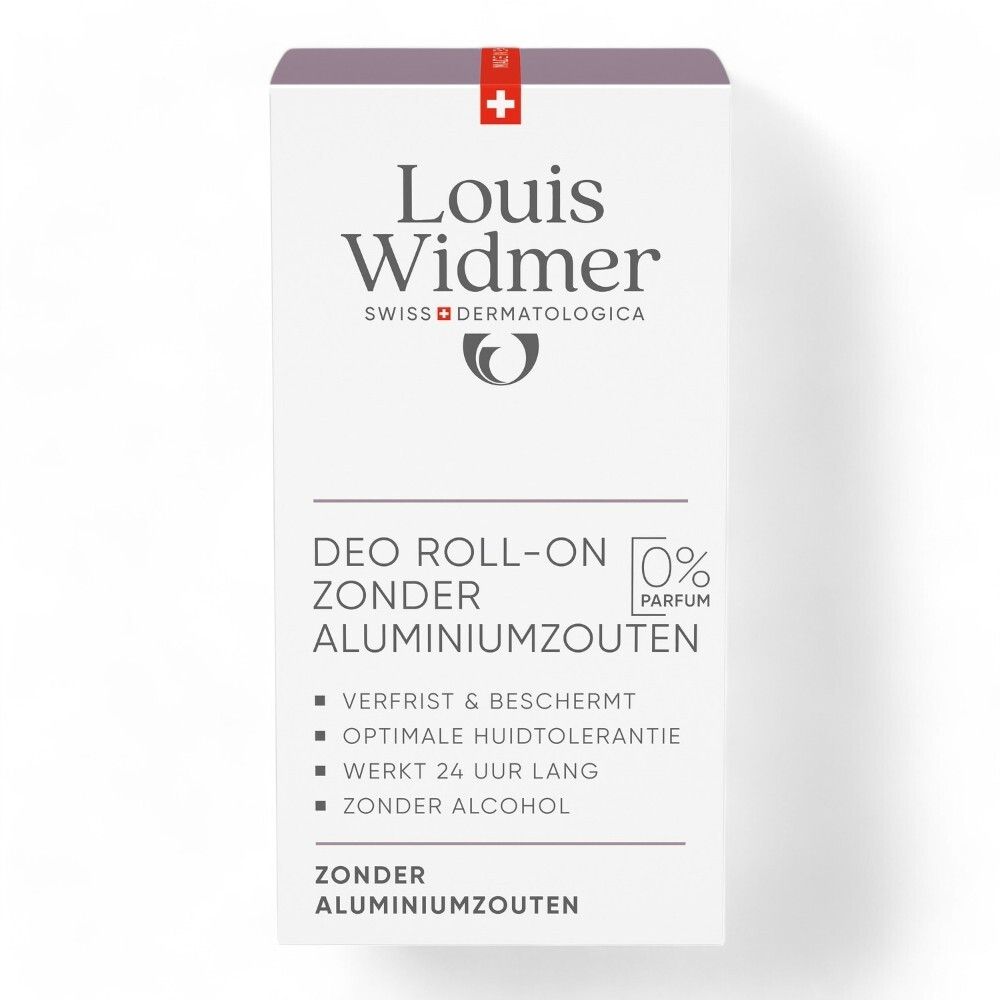 Emballage du déodorant roll-on Louis Widmer. Texte: Zonder Aluminiumzouten, 0% Parfum.