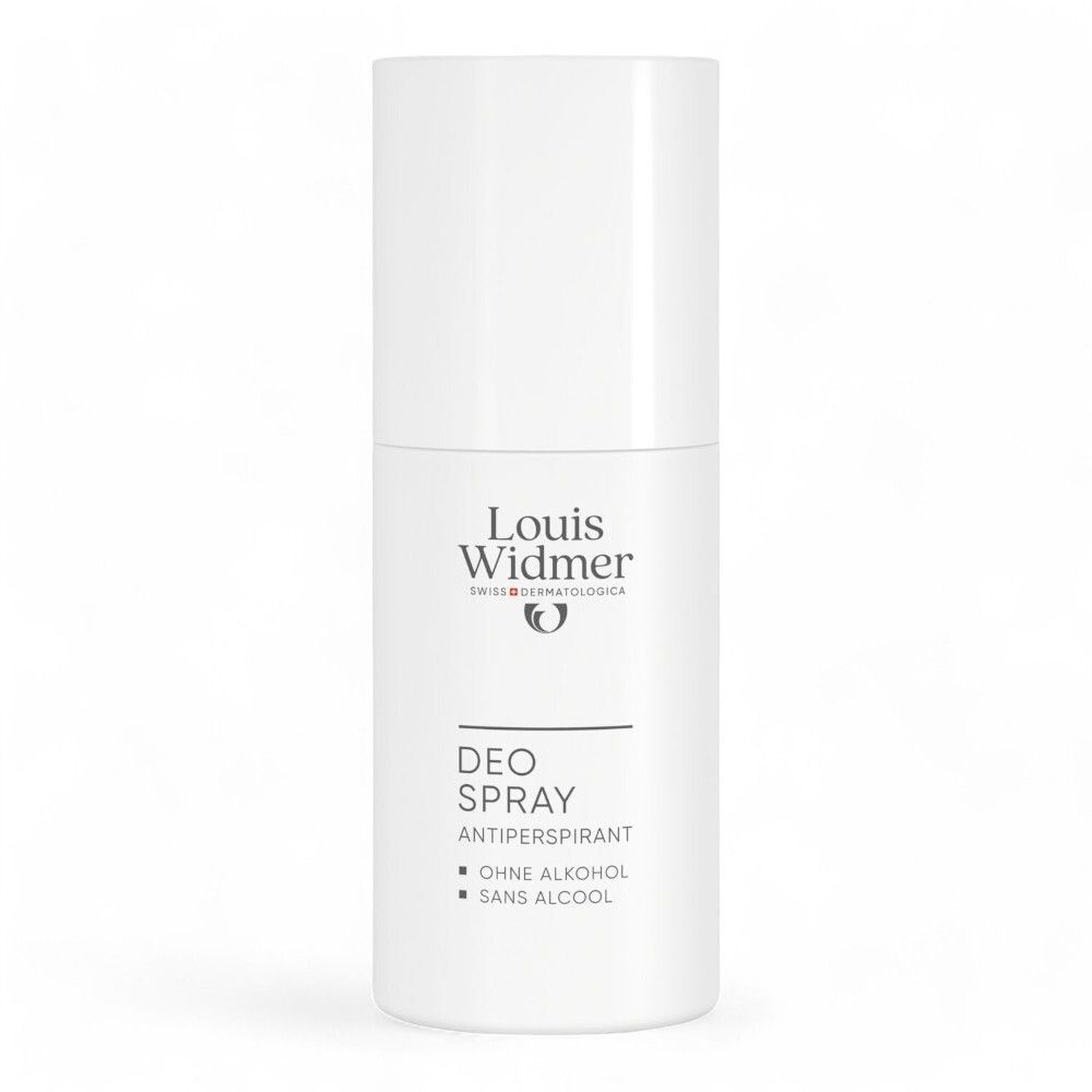 Witte deo spray van Louis Widmer. Opschrift: DEO SPRAY, ANTIPERSPIRANT, OHNE ALKOHOL, SANS ALCOOL.