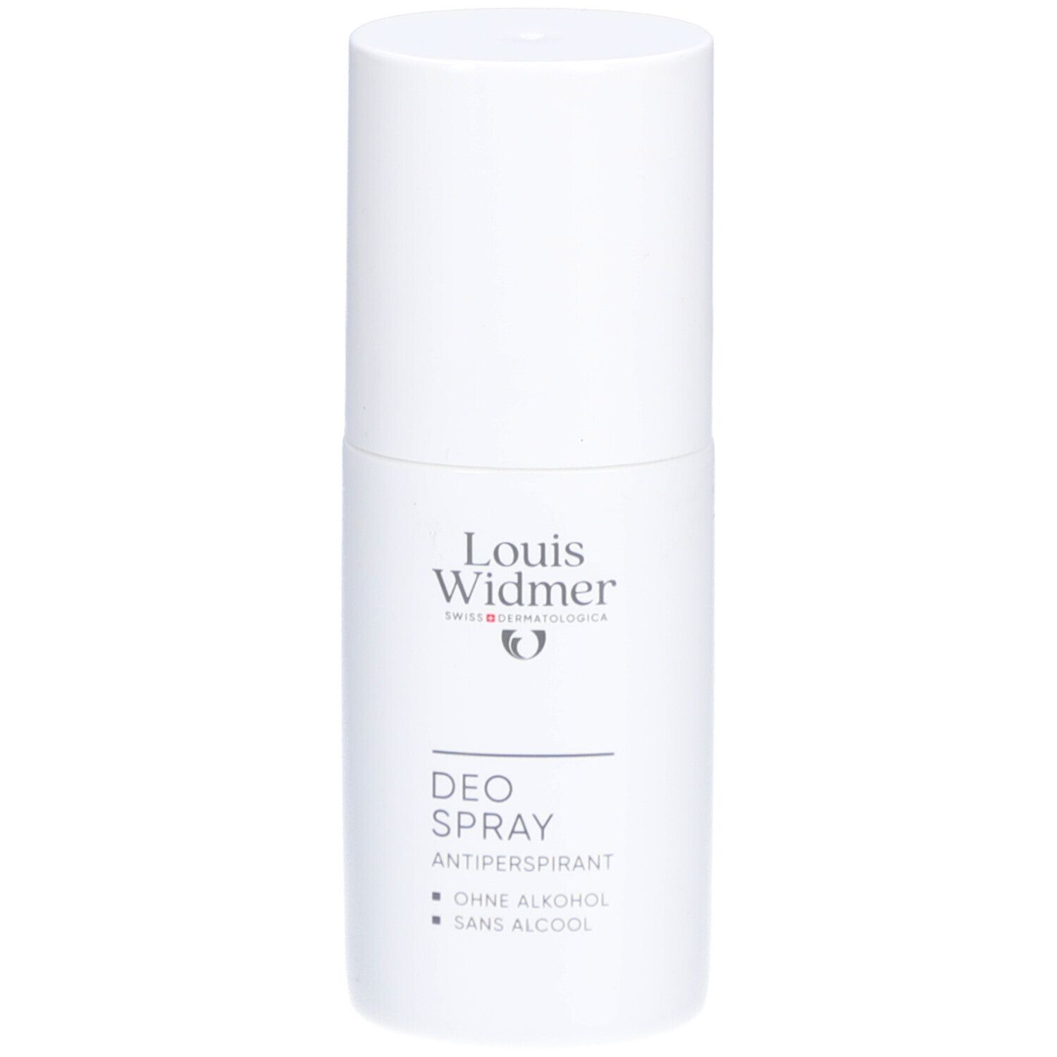 Witte deo spray van Louis Widmer. Opschrift: DEO SPRAY, ANTIPERSPIRANT, OHNE ALKOHOL, SANS ALCOOL.