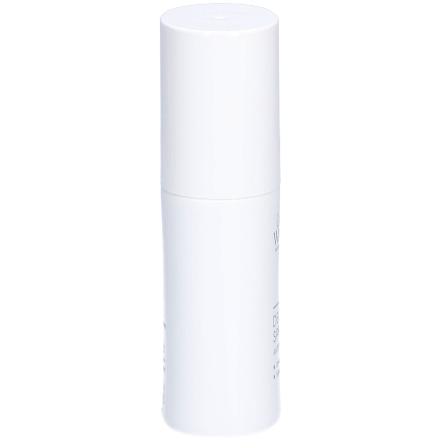 Witte deo spray van Louis Widmer. Cilindrische vorm, witte dop. Opschrift onleesbaar.