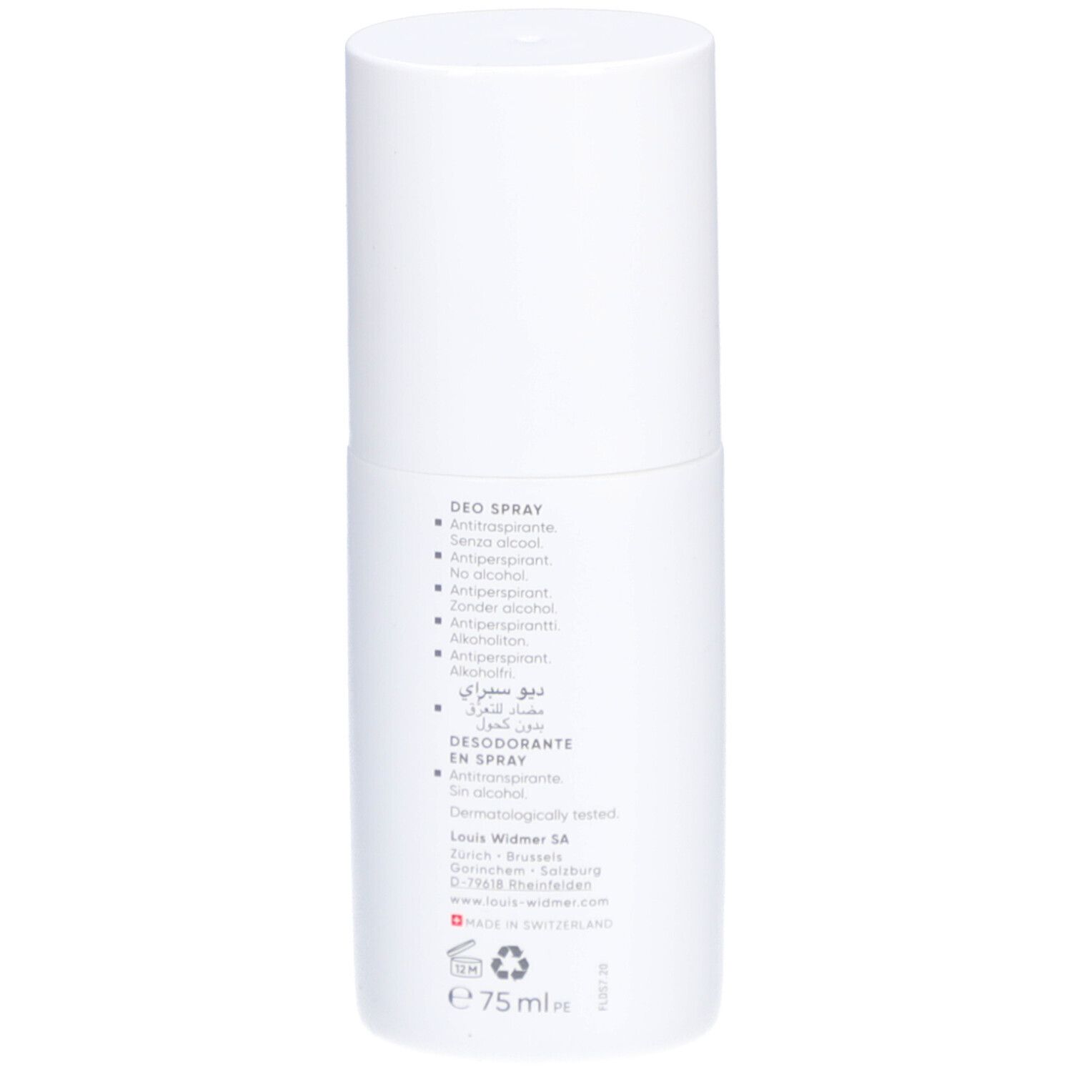 Witte deo spray van Louis Widmer. Achterkant met tekst in meerdere talen. 75 ml.