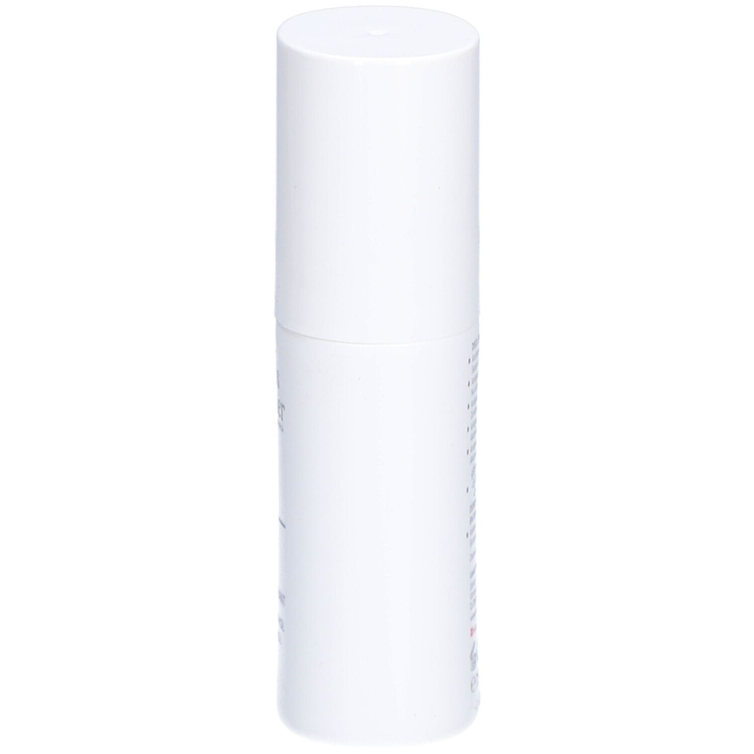 Witte deo spray van Louis Widmer. Cilindrische vorm, witte dop. Opschrift onleesbaar.
