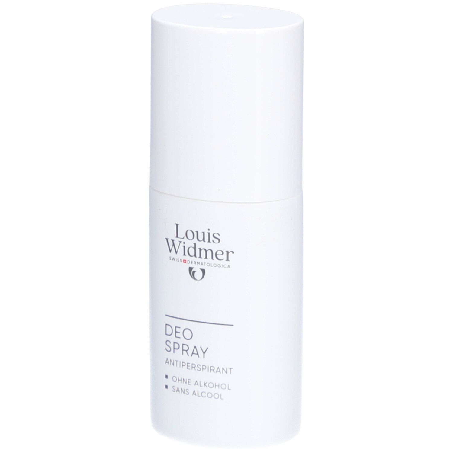 Witte deo spray van Louis Widmer. Opschrift: DEO SPRAY, ANTIPERSPIRANT, OHNE ALKOHOL, SANS ALCOOL.