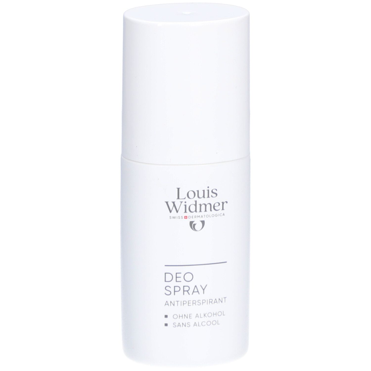 Witte deo spray van Louis Widmer. Opschrift: DEO SPRAY, ANTIPERSPIRANT, OHNE ALKOHOL, SANS ALCOOL.