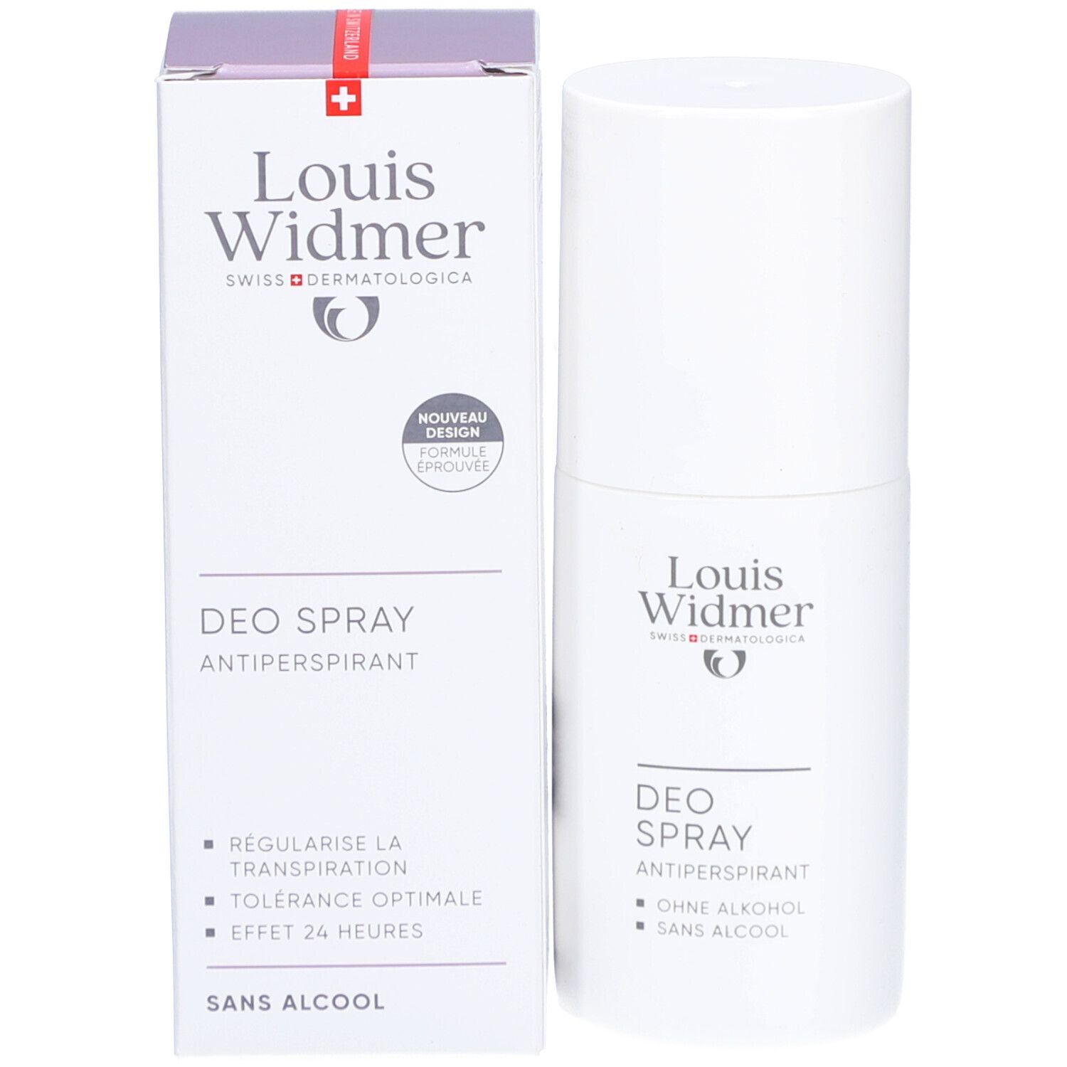 Deo spray en verpakking van Louis Widmer. Opschrift: DEO SPRAY, ANTIPERSPIRANT, ZONDER ALCOHOL.