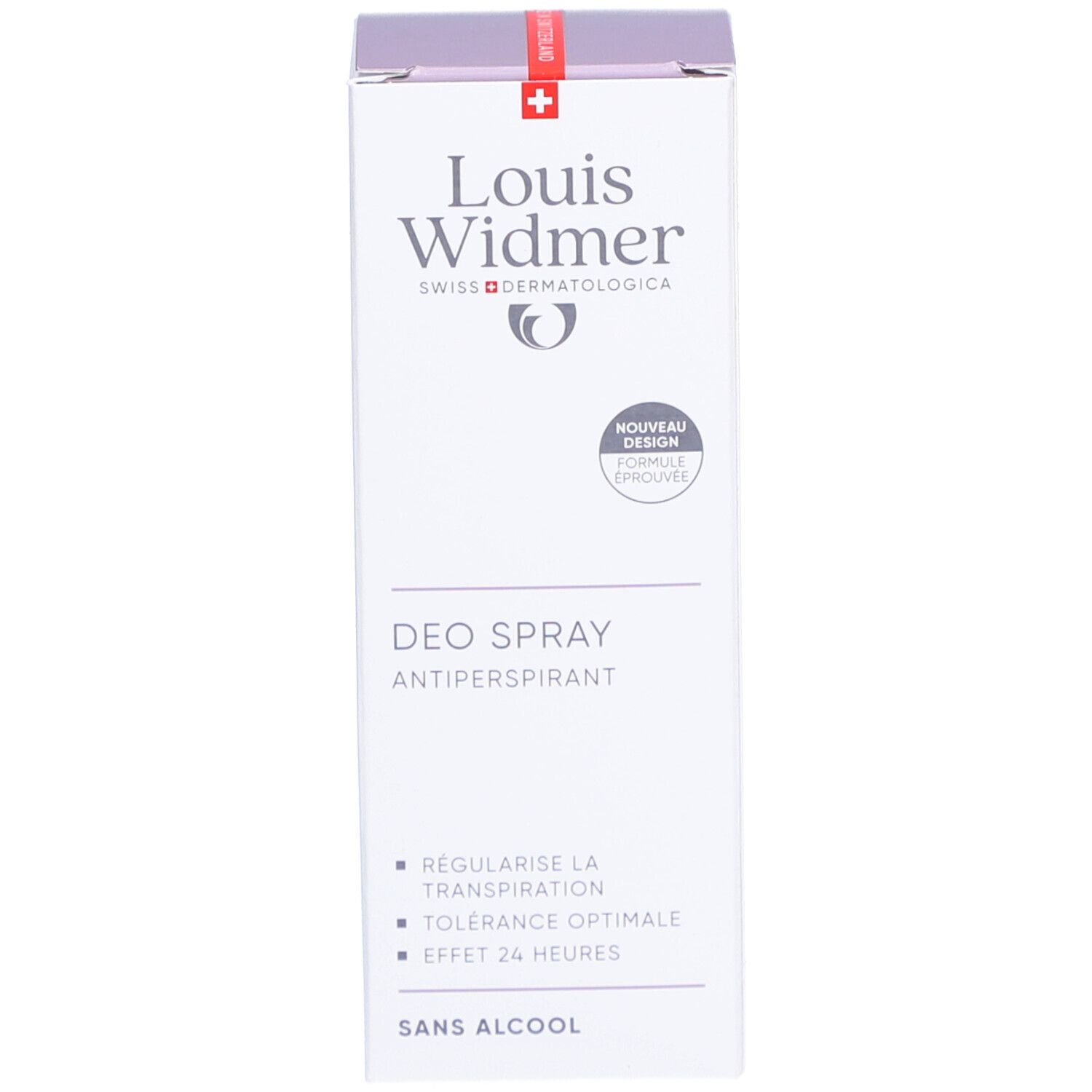 Verpakking van Louis Widmer deo spray. Opschrift: DEO SPRAY, ANTIPERSPIRANT, ZONDER ALCOHOL.