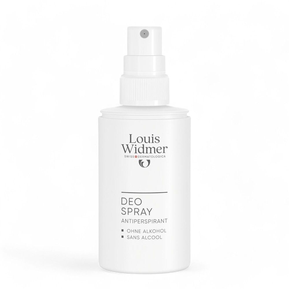Witte deo spray van Louis Widmer. Verstuiver. Opschrift: DEO SPRAY, ANTIPERSPIRANT.