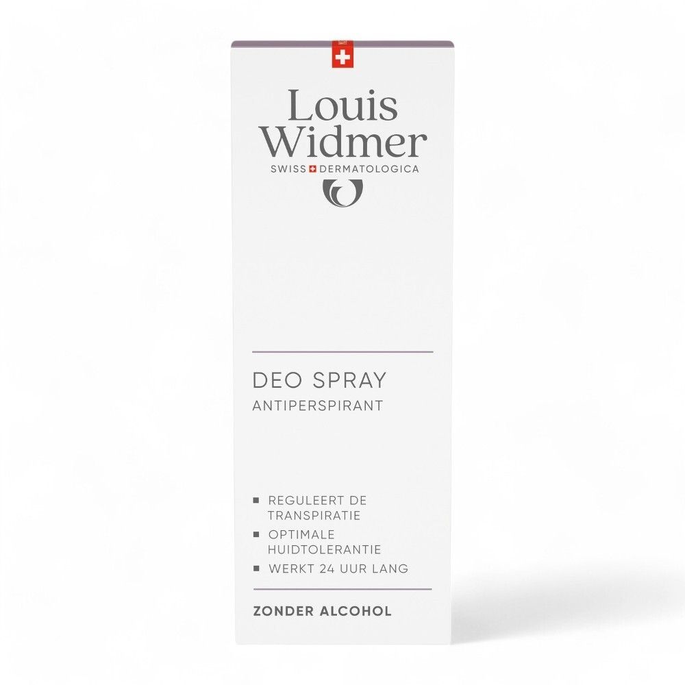 Verpakking van Louis Widmer deo spray. Opschrift: DEO SPRAY, ANTIPERSPIRANT, ZONDER ALCOHOL.