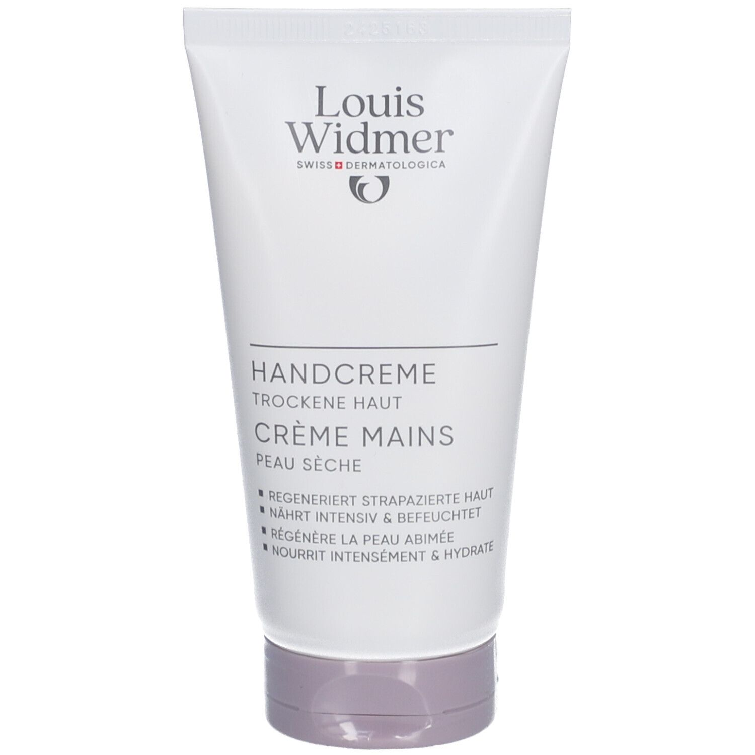 Handcreme-Tube von Louis Widmer. Weiß, mit lila Verschluss. Beschriftung: Handcreme, Crème Mains, für trockene Haut.