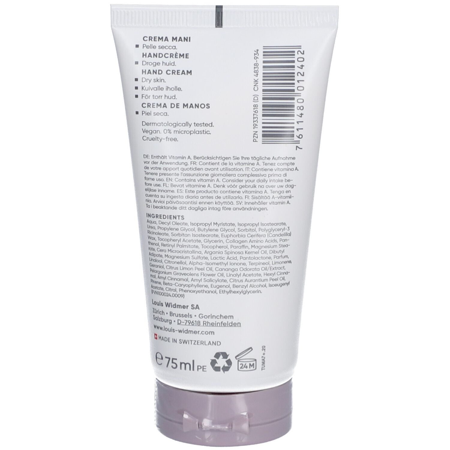 Rückseite der Louis Widmer Handcreme-Tube. Enthält Text in mehreren Sprachen, Inhaltsstoffe und Herstellerinformationen.