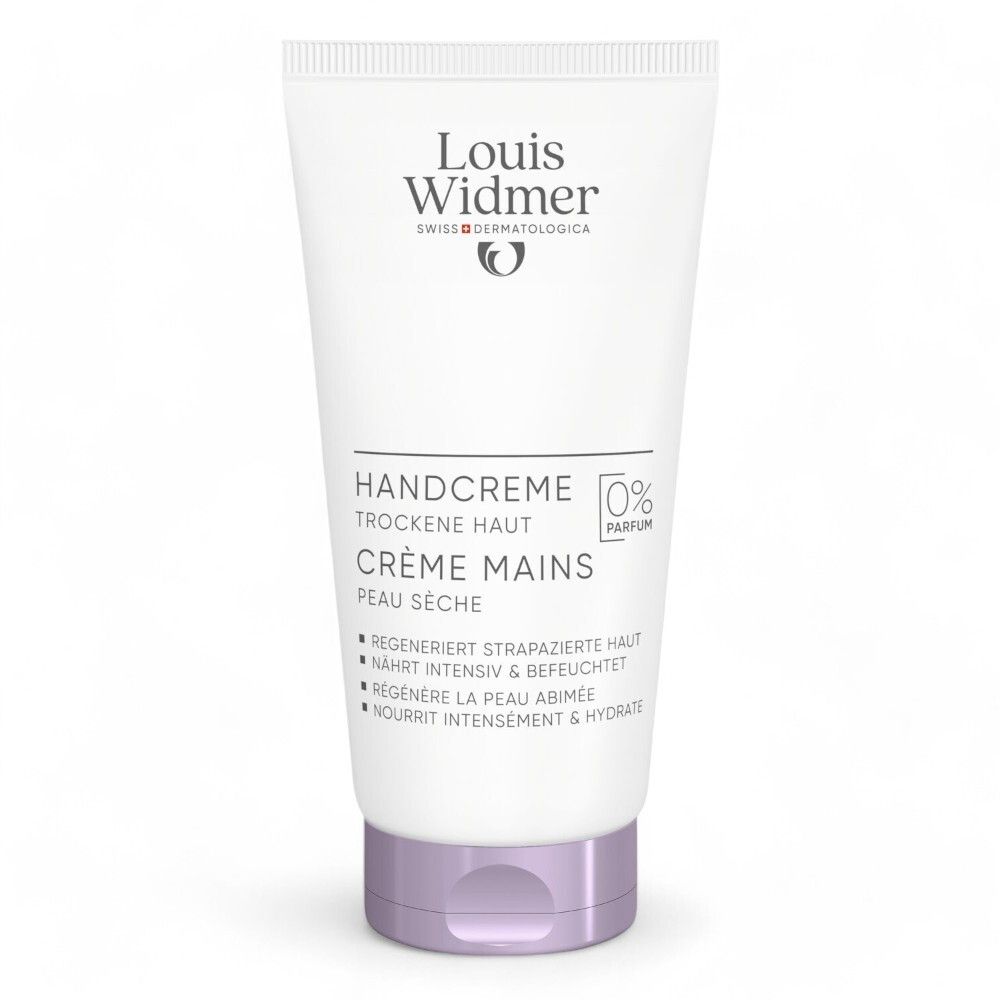 Tube blanc de crème pour les mains Louis Widmer sans parfum. Texte : Handcreme, Peau sèche, Crème Mains. 0% Parfum. Bouchon violet.