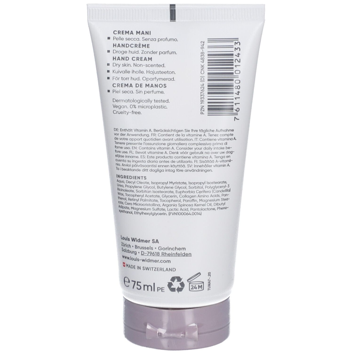 Dos du tube de crème pour les mains. Texte : Crema Mani, Handcrème, Hand Cream, Crème de Manos. Ingrédients, 75ml, Vegan, 0% microplastic.