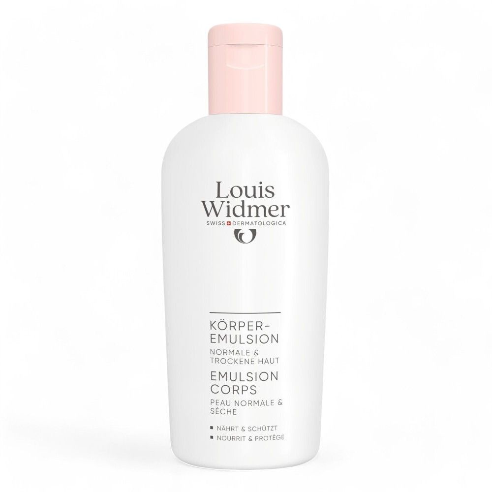 Witte fles met roze dop. Opschrift: Louis Widmer, Lichaams-emulsie, voor normale en droge huid.