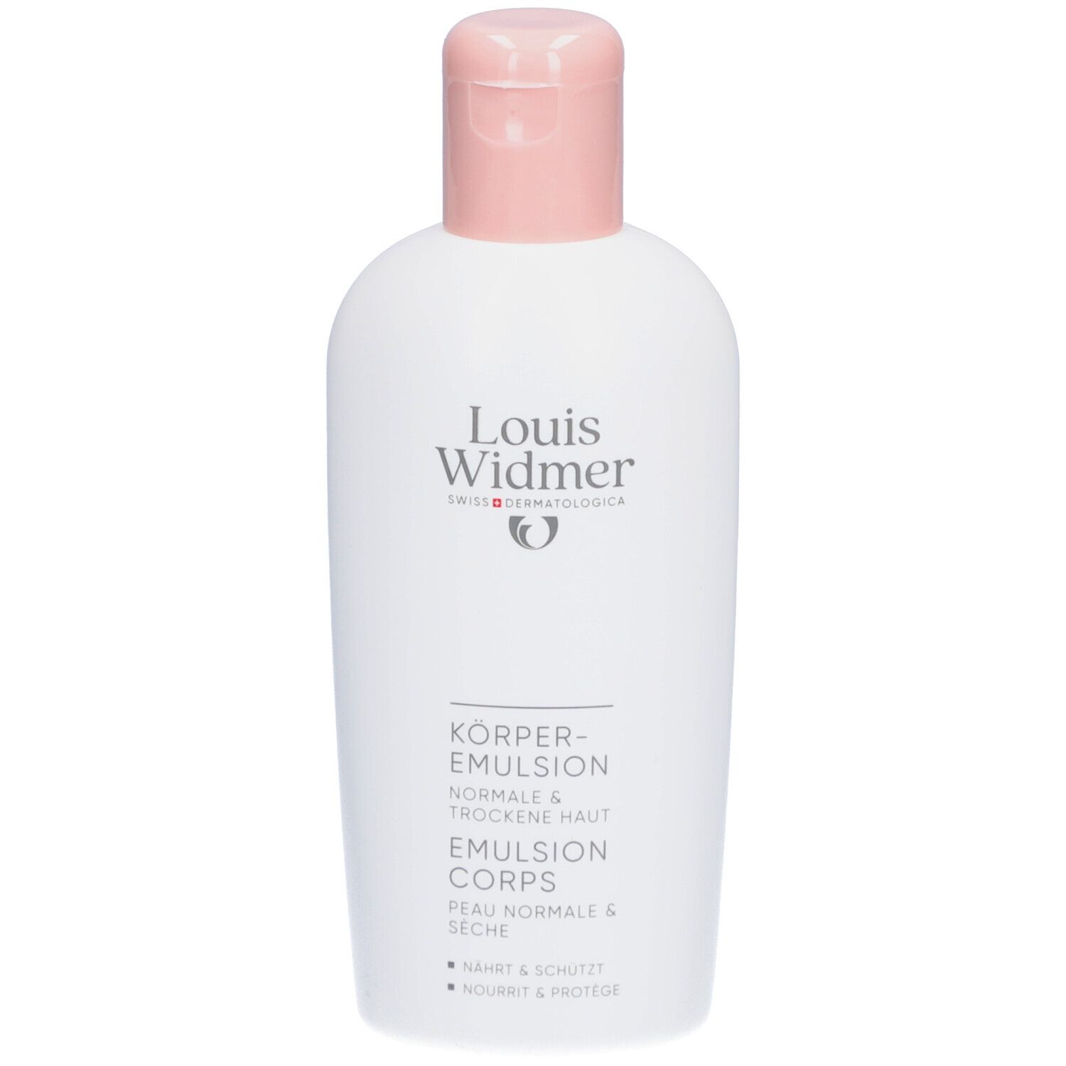 Witte fles met roze dop. Opschrift: Louis Widmer, Lichaams-emulsie, voor normale en droge huid.