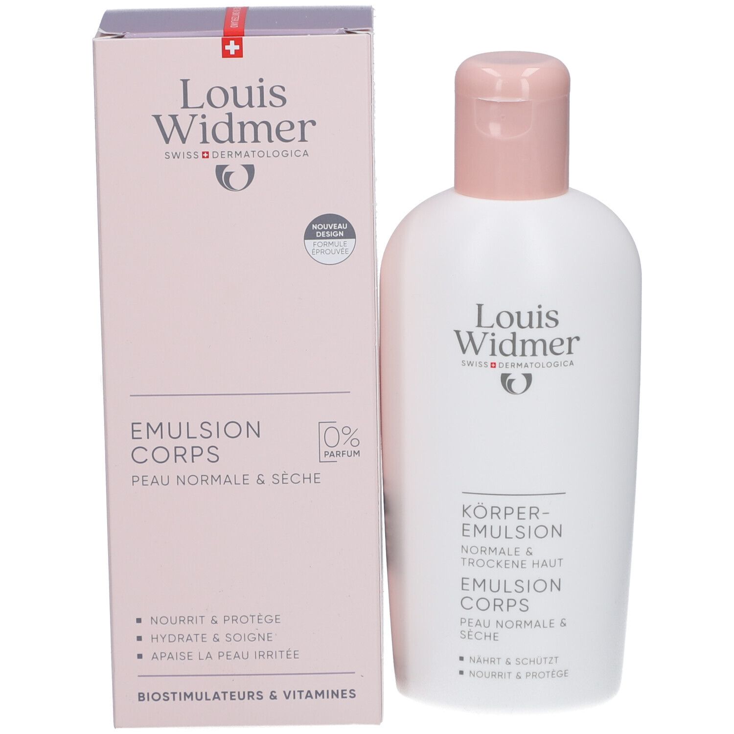 Verpakking en fles. Verpakking: Louis Widmer, Lichaams-emulsie, 0% Parfum. Fles: wit met roze dop.