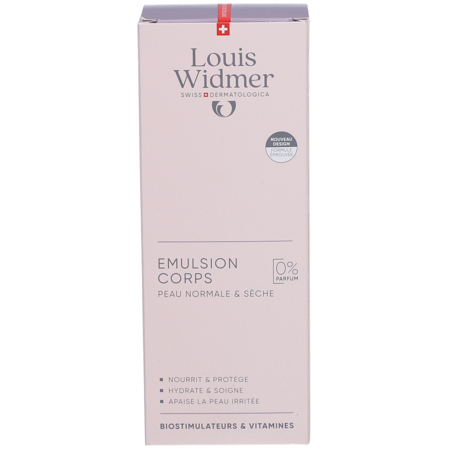 Productverpakking. Opschrift: Louis Widmer, Lichaams-emulsie, 0% Parfum. Roze verpakking met rood kruis.