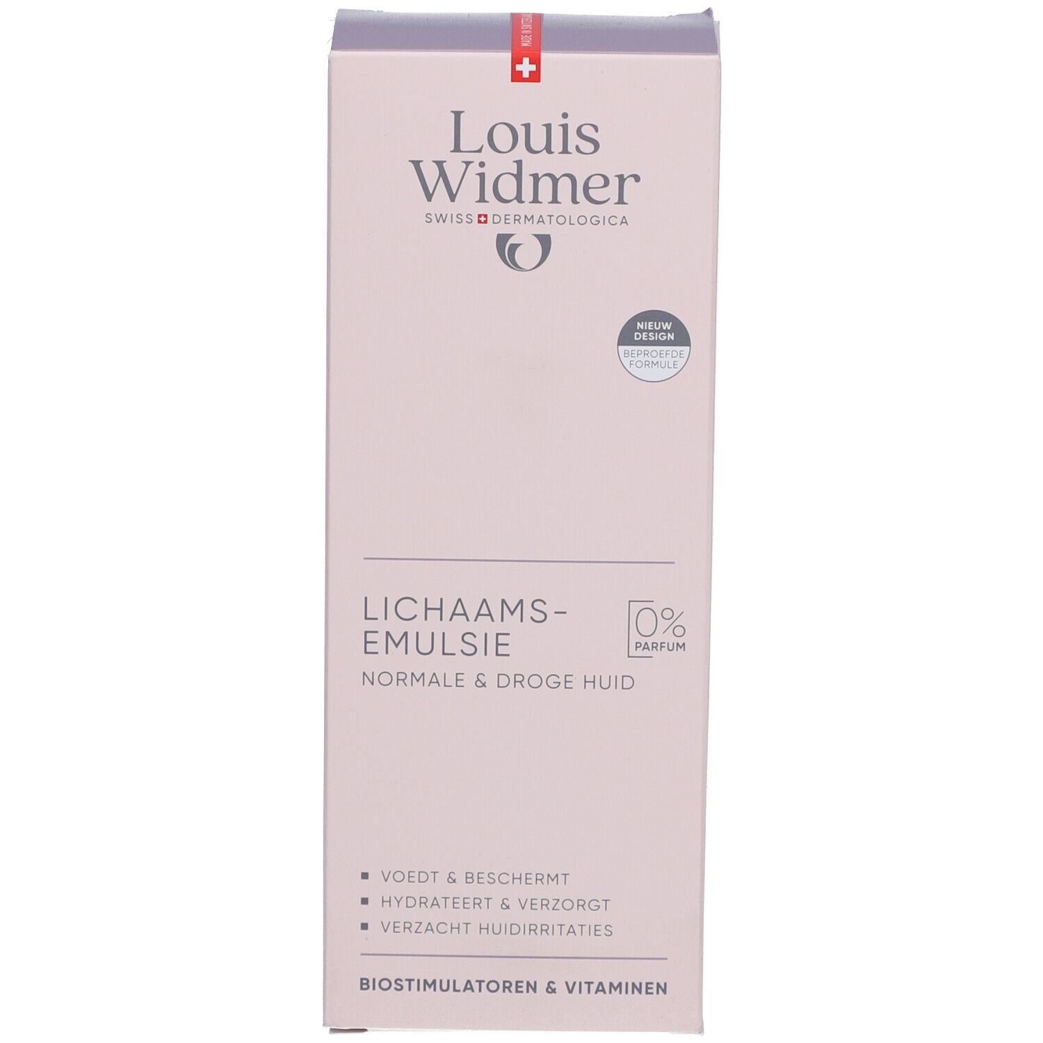 Productverpakking. Opschrift: Louis Widmer, Lichaams-emulsie, 0% Parfum. Roze verpakking met rood kruis.