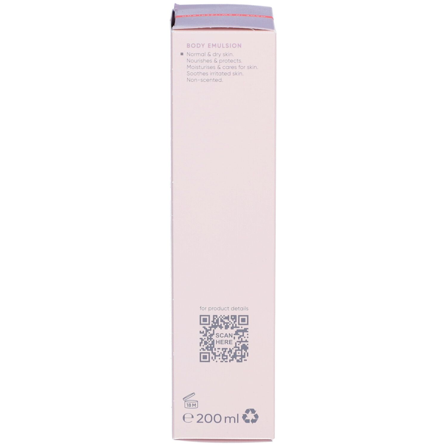 Productverpakking, zijkant met informatie. Opschrift: Louis Widmer, 200 ml, QR-code.