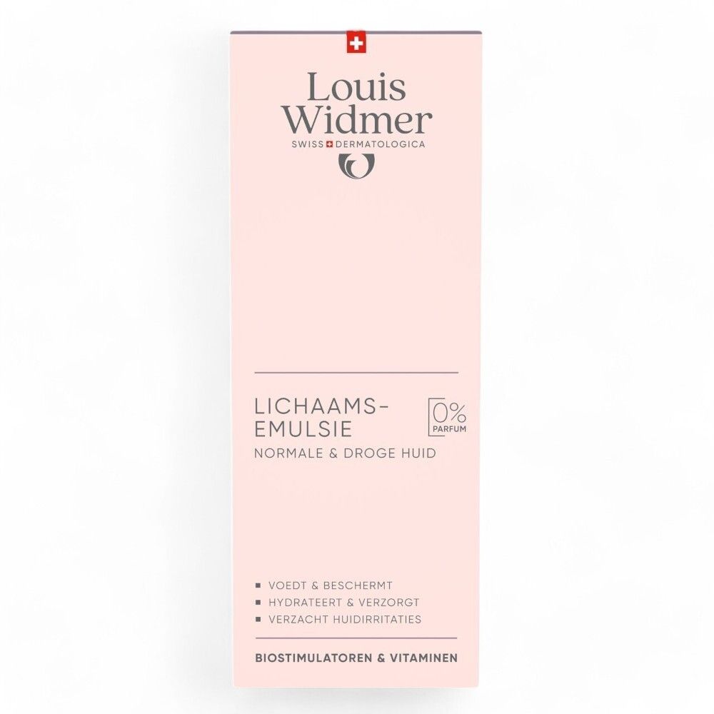 Productverpakking. Opschrift: Louis Widmer, Lichaams-emulsie, 0% Parfum. Roze verpakking met rood kruis.