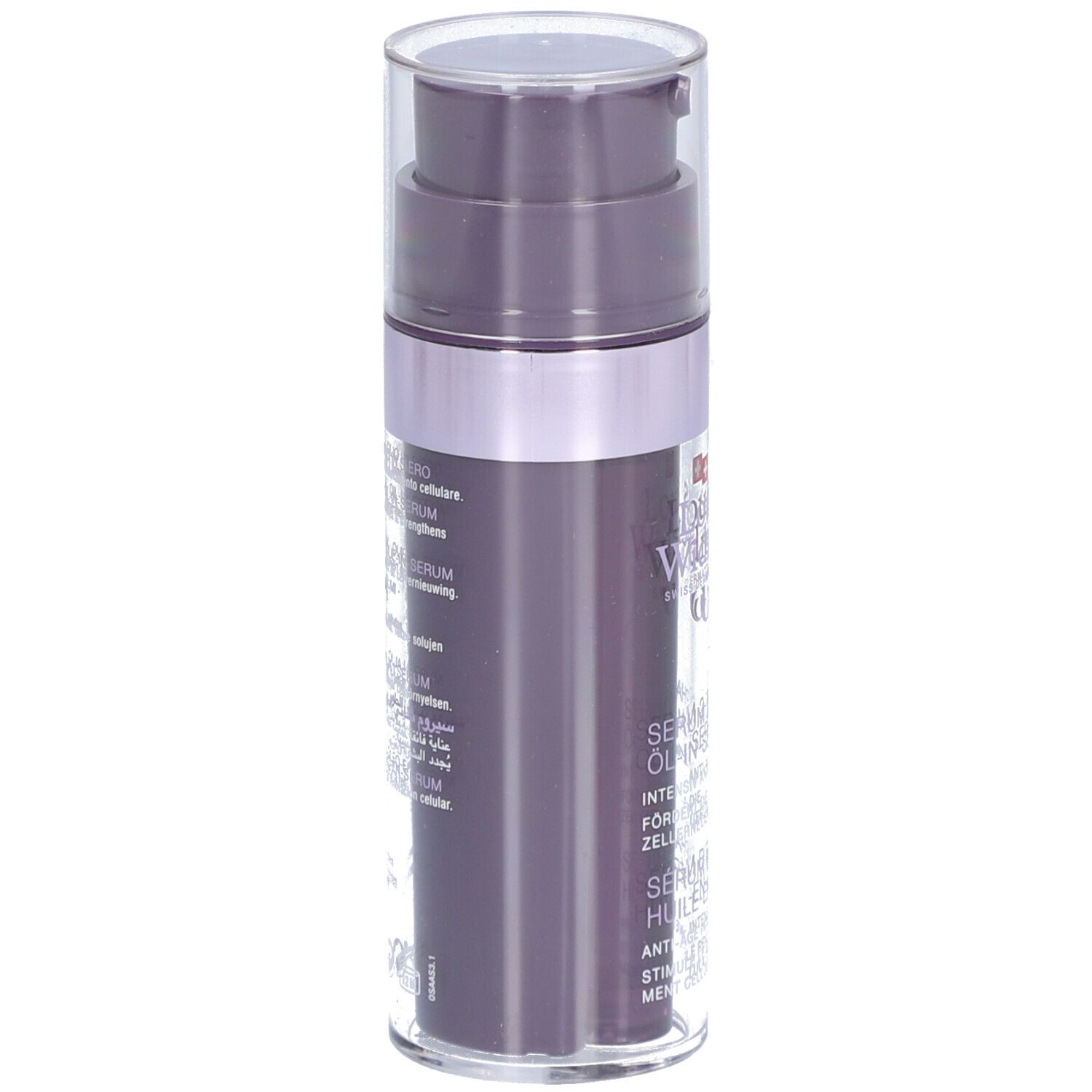 Dunkelviolette Flasche mit Pumpe. Text: Louis Widmer, Serum 2-Phasen Öl-in-Serum.
