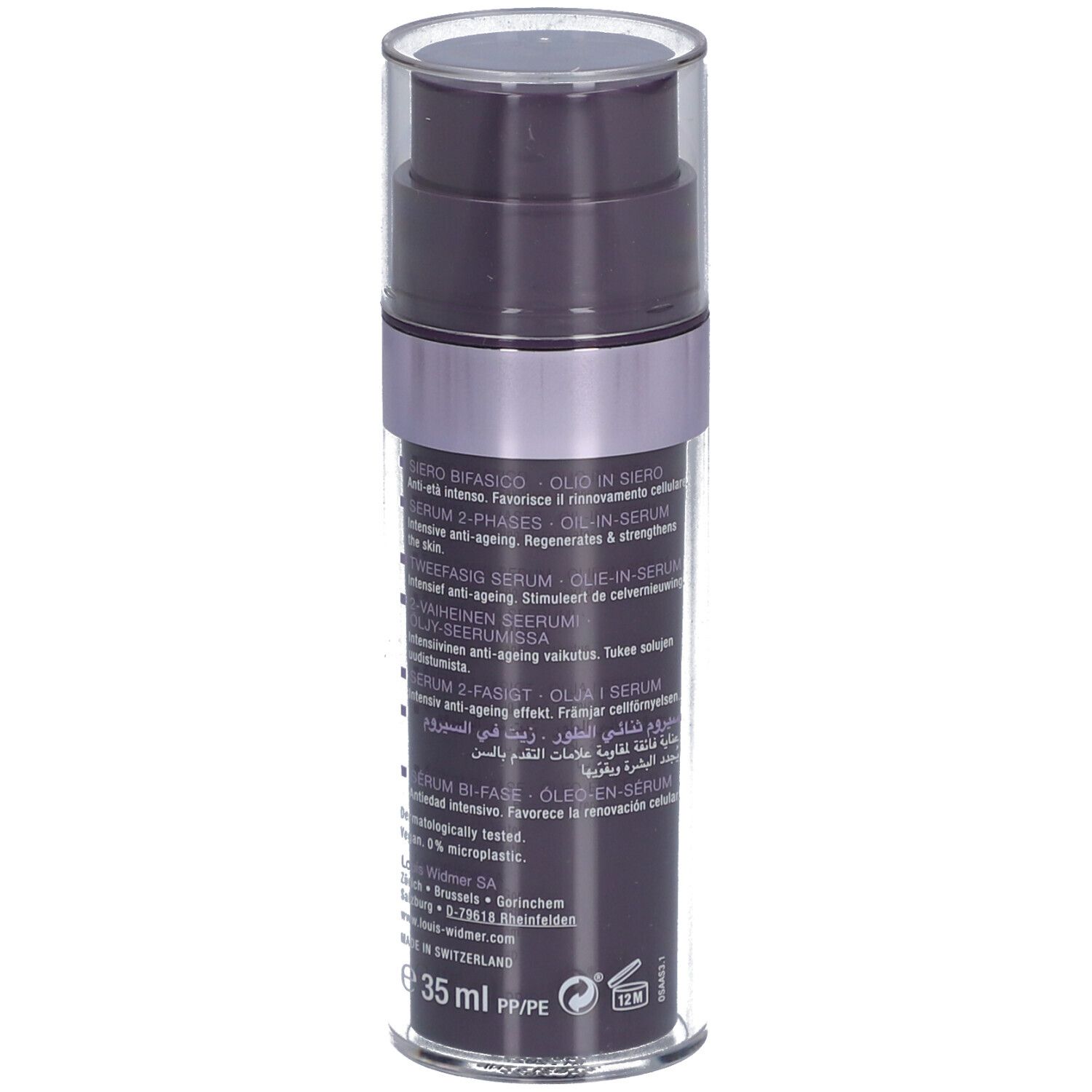 Dunkelviolette Flasche mit Pumpe. Text: Louis Widmer, Serum 2-Phasen Öl-in-Serum.