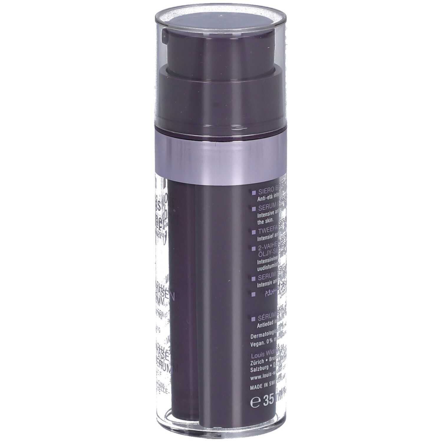 Dunkelviolette Flasche mit Pumpe. Text: Louis Widmer, Serum 2-Phasen Öl-in-Serum.
