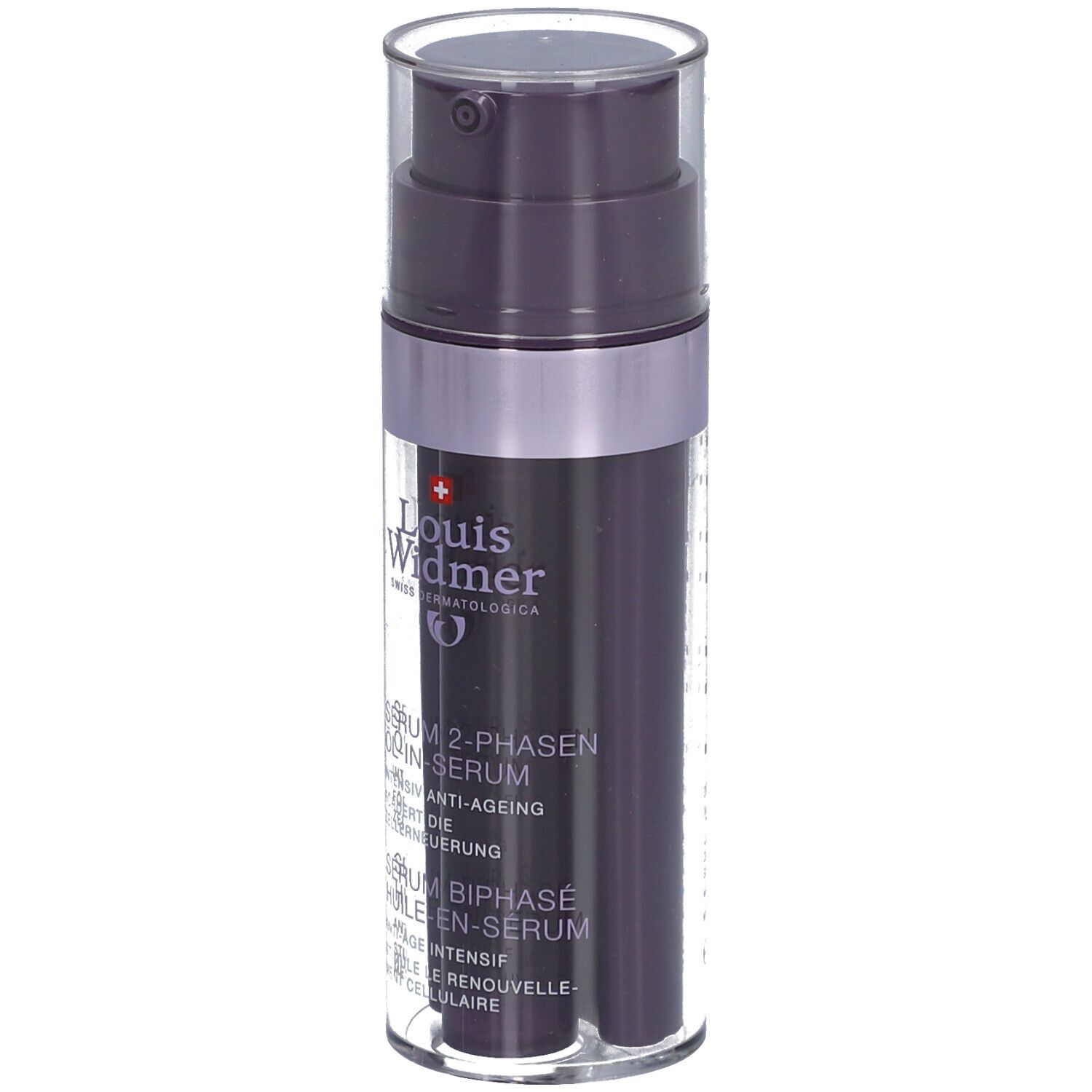 Dunkelviolette Flasche mit Pumpe. Text: Louis Widmer, Serum 2-Phasen Öl-in-Serum.