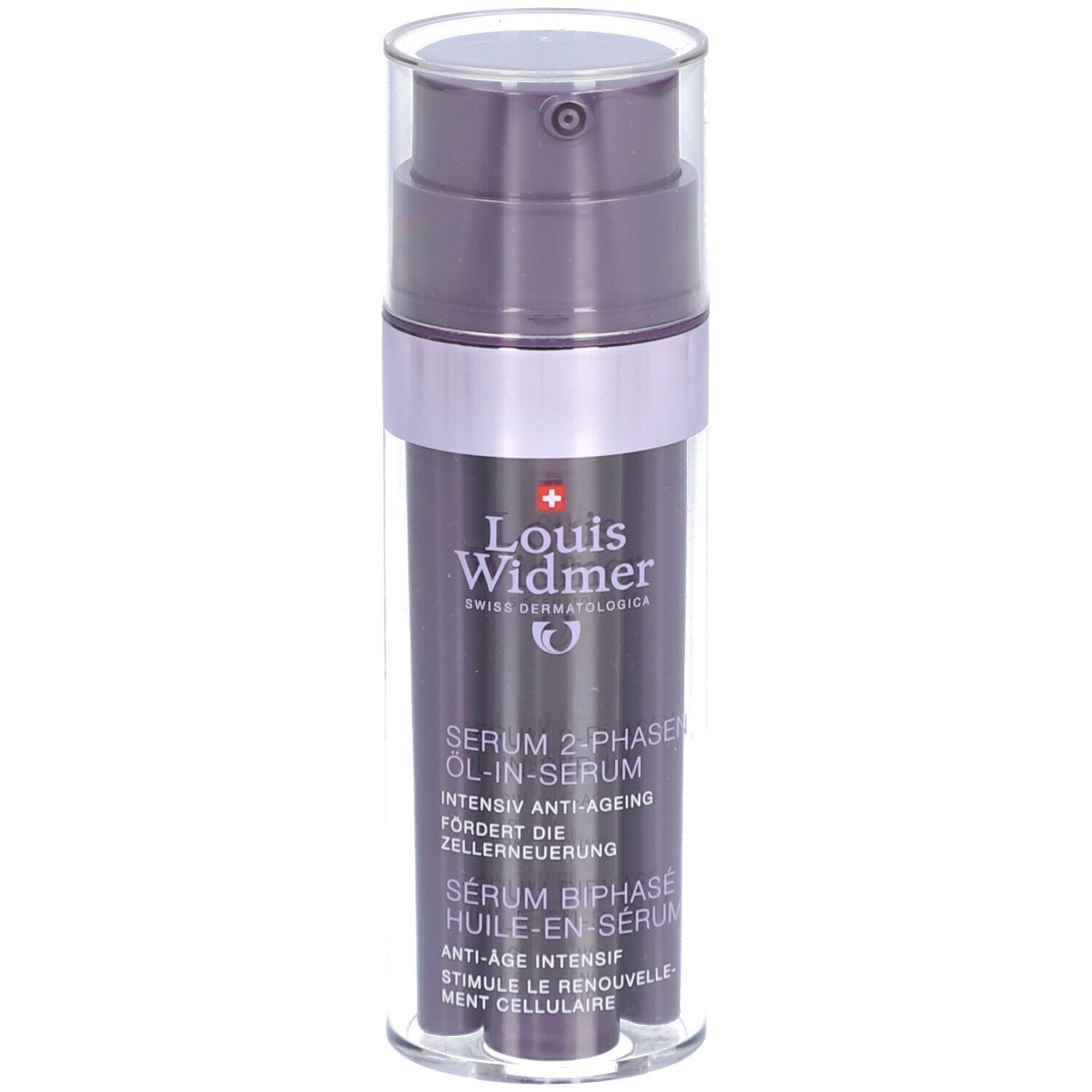 Dunkelviolette Flasche mit Pumpe. Text: Louis Widmer, Serum 2-Phasen Öl-in-Serum.