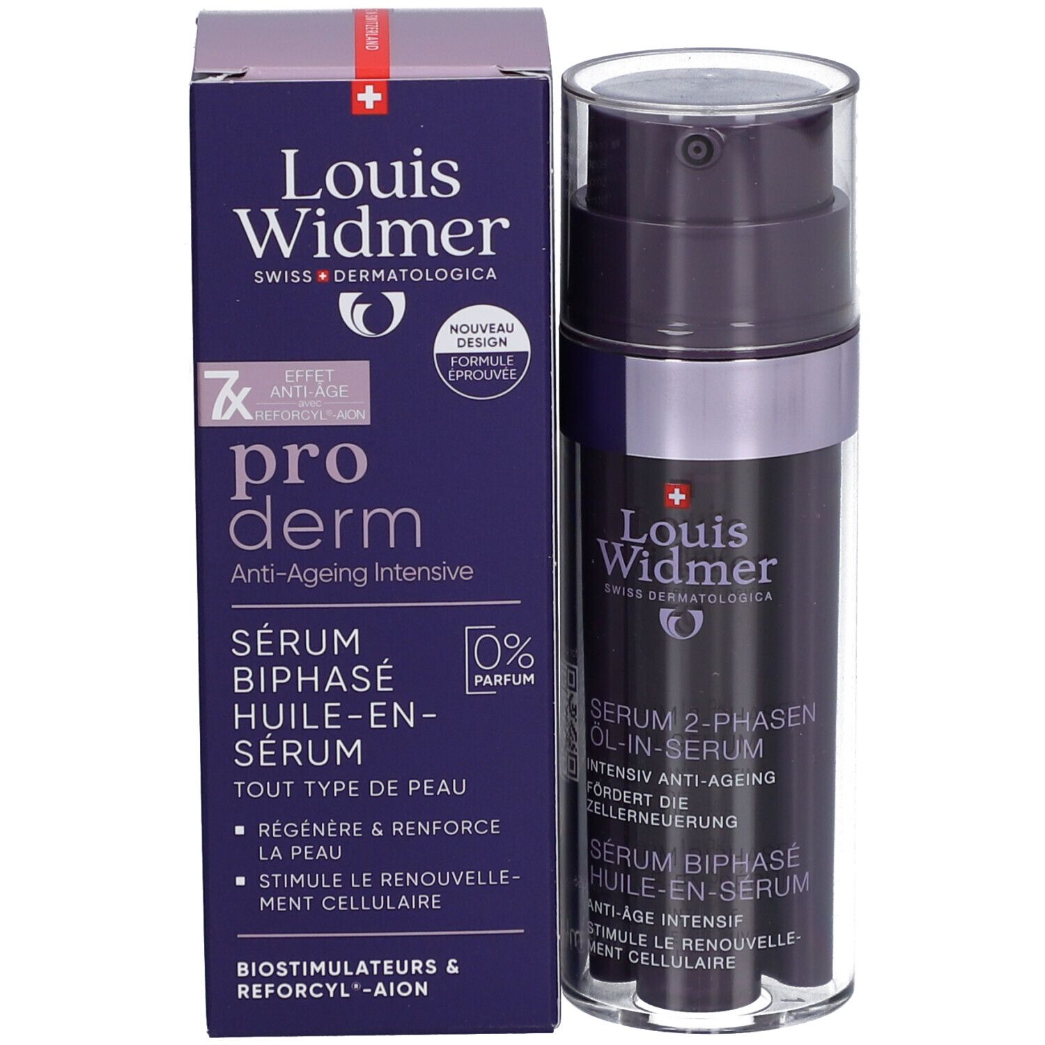 Produktflasche und Verpackung. Text: Louis Widmer, Pro Derm, Serum Biphase Huile-en-Serum.