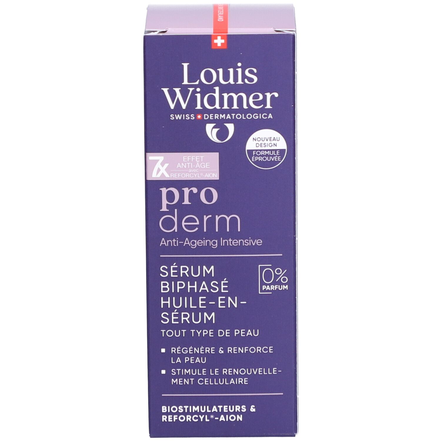 Produktverpackung. Text: Louis Widmer, Pro Derm, Serum Biphase Huile-en-Serum, 0% Parfum.