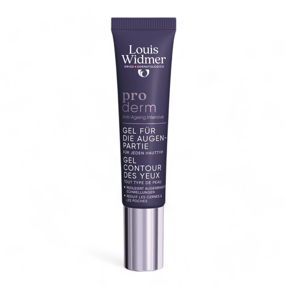 Tube de gel contour des yeux. Logo Louis Widmer et nom du produit. Pour tous types de peau.
